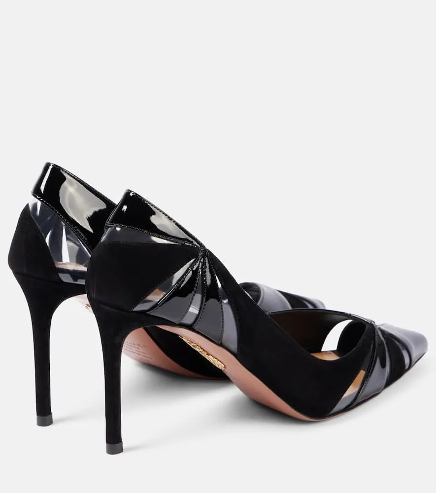 Aquazzura Puzzle 85 patent leather, suede, and PVC pumps