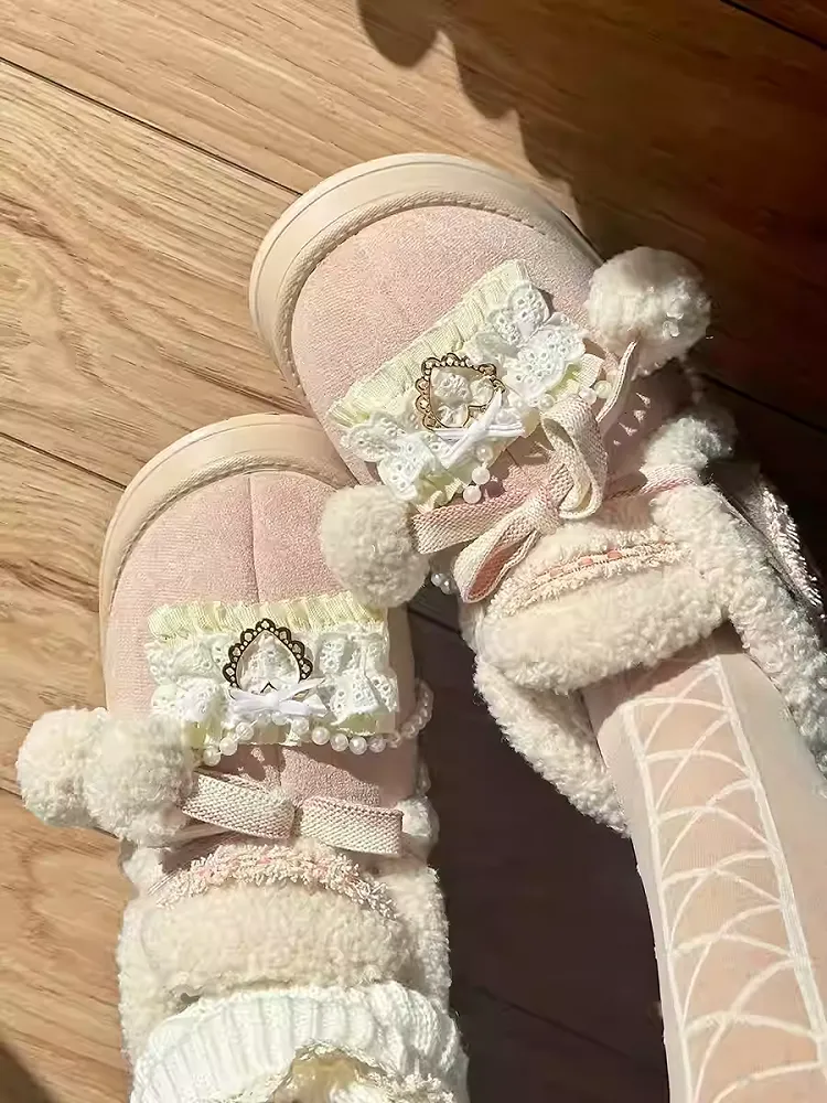 Beige&Pink Pompons Plush Platform Ugg Boots with Beaded Chain