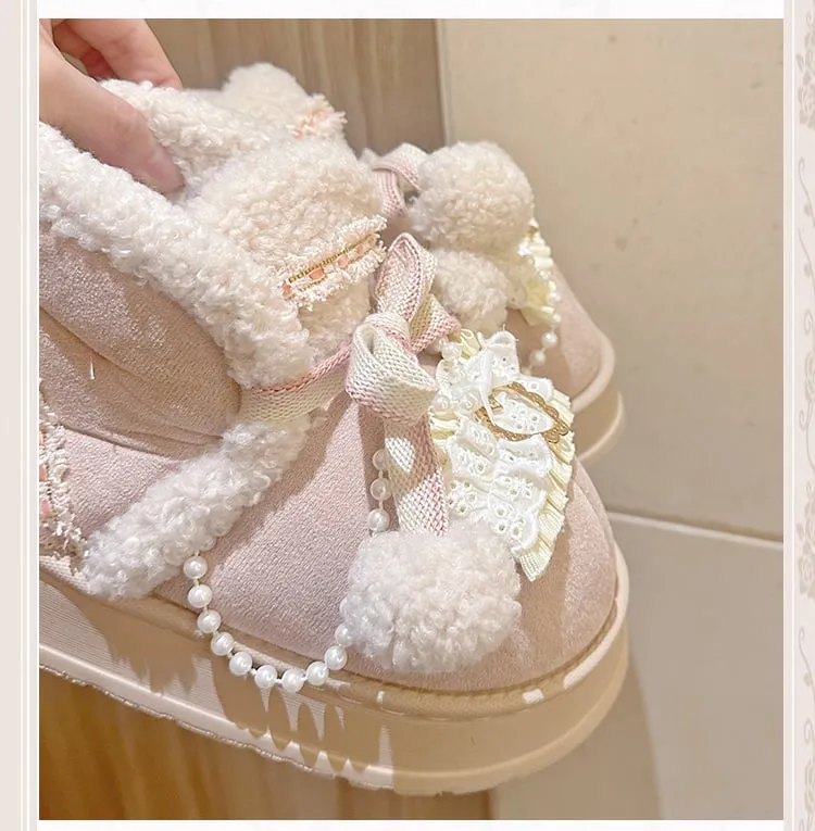 Beige&Pink Pompons Plush Platform Ugg Boots with Beaded Chain