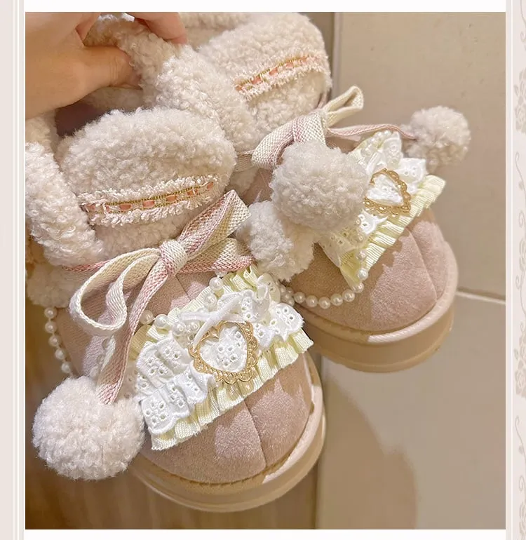 Beige&Pink Pompons Plush Platform Ugg Boots with Beaded Chain