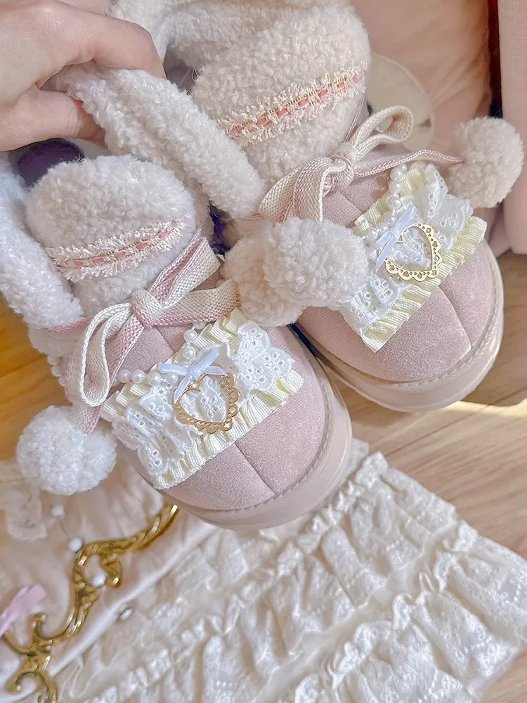 Beige&Pink Pompons Plush Platform Ugg Boots with Beaded Chain