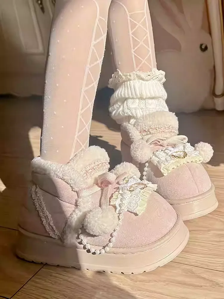 Beige&Pink Pompons Plush Platform Ugg Boots with Beaded Chain
