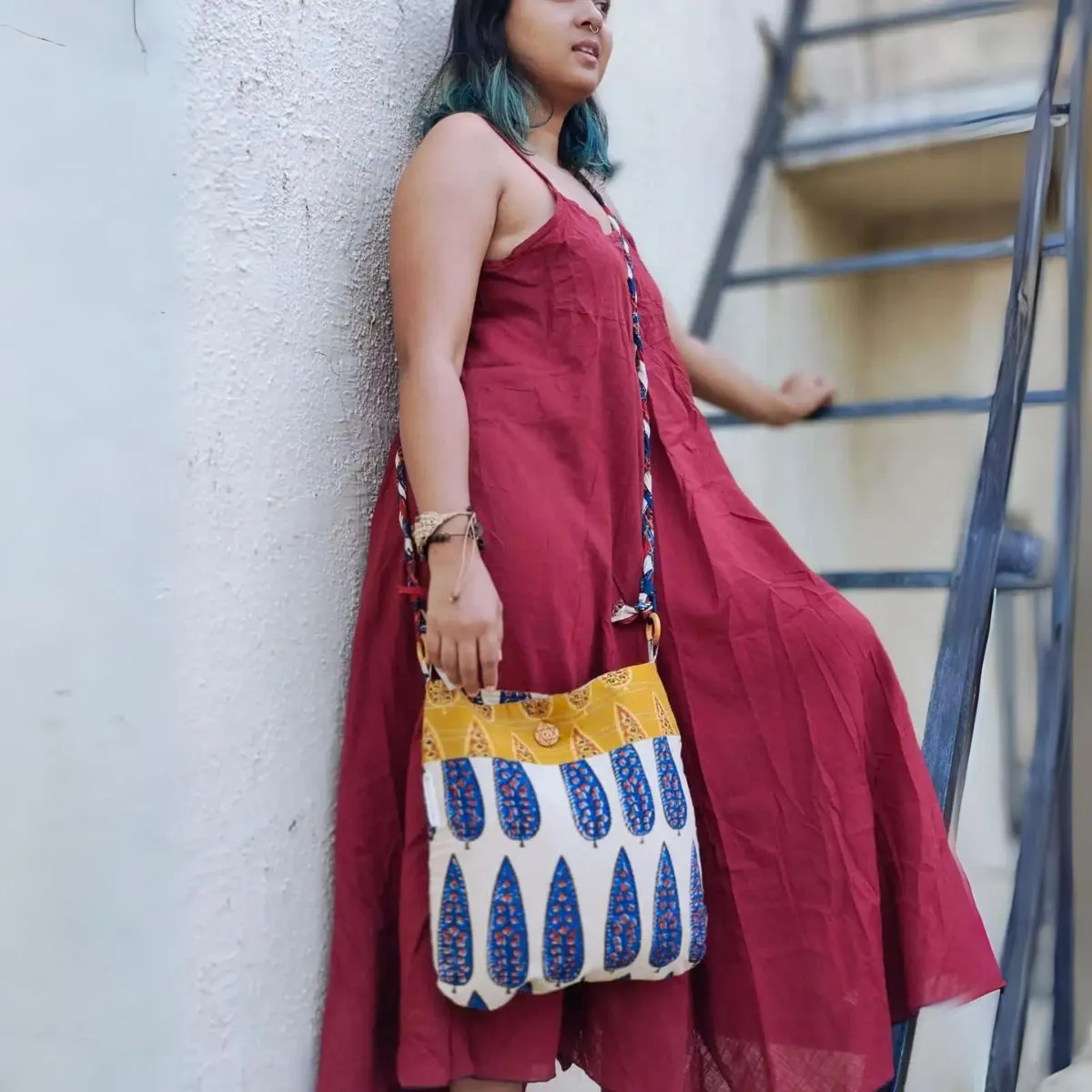 Braided Sling Bag For Women | Ethnic Hand Block Printed | Blue And Off-White