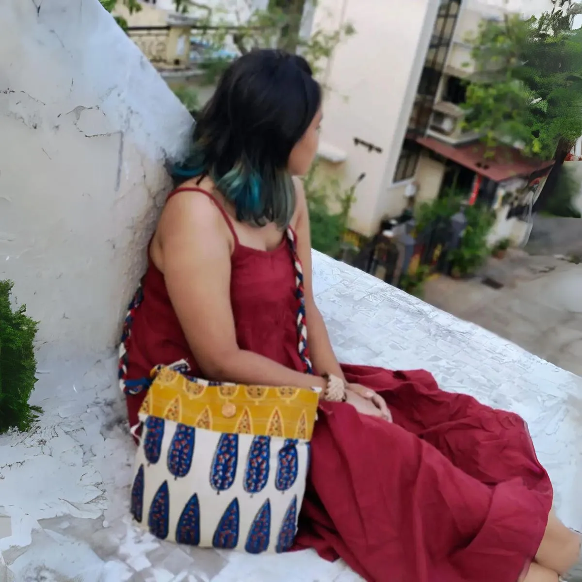 Braided Sling Bag For Women | Ethnic Hand Block Printed | Blue And Off-White