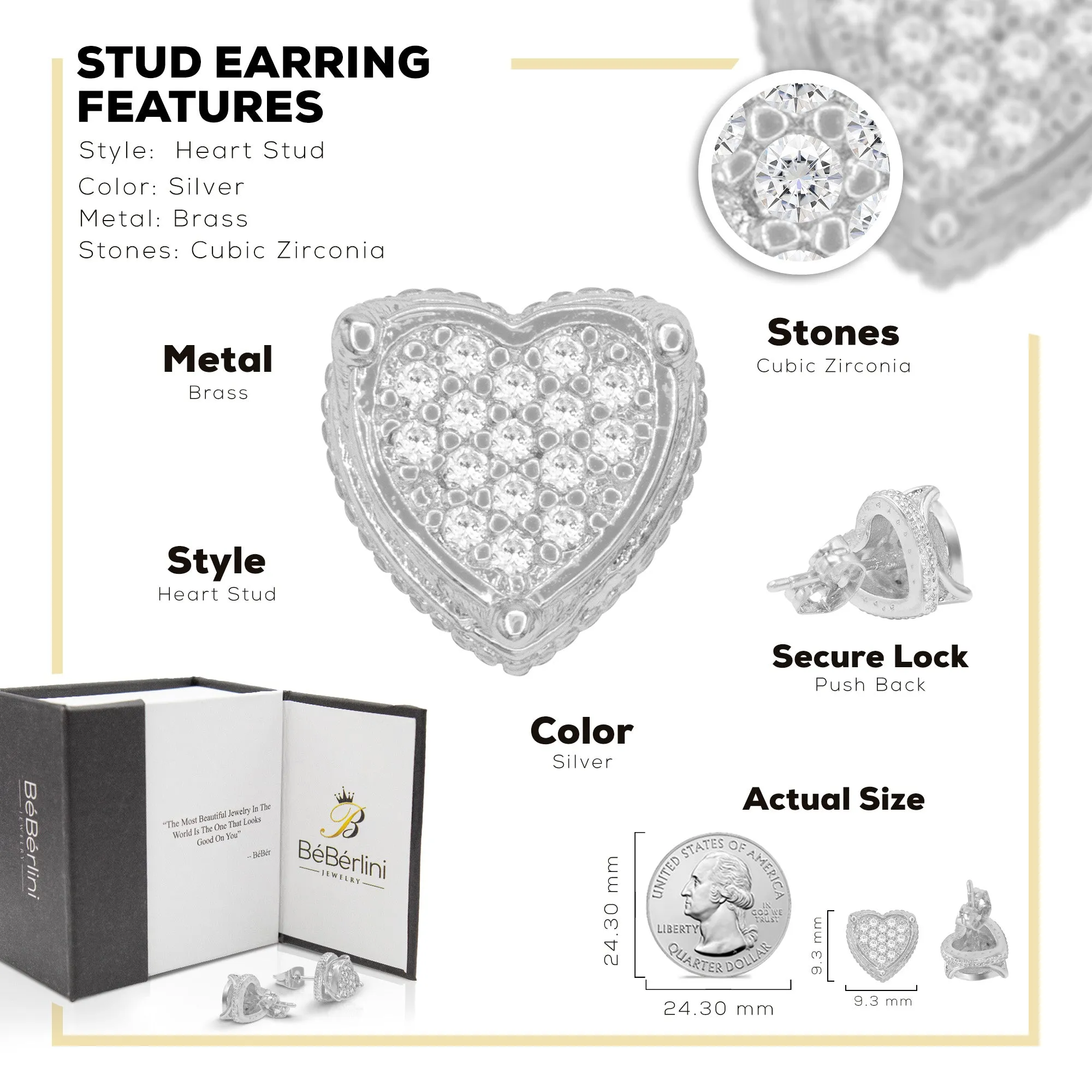 Heart 1 Cubic Zirconia Earrings 14K Gold Filled Silver Hip Hop Studs Jewelry Women