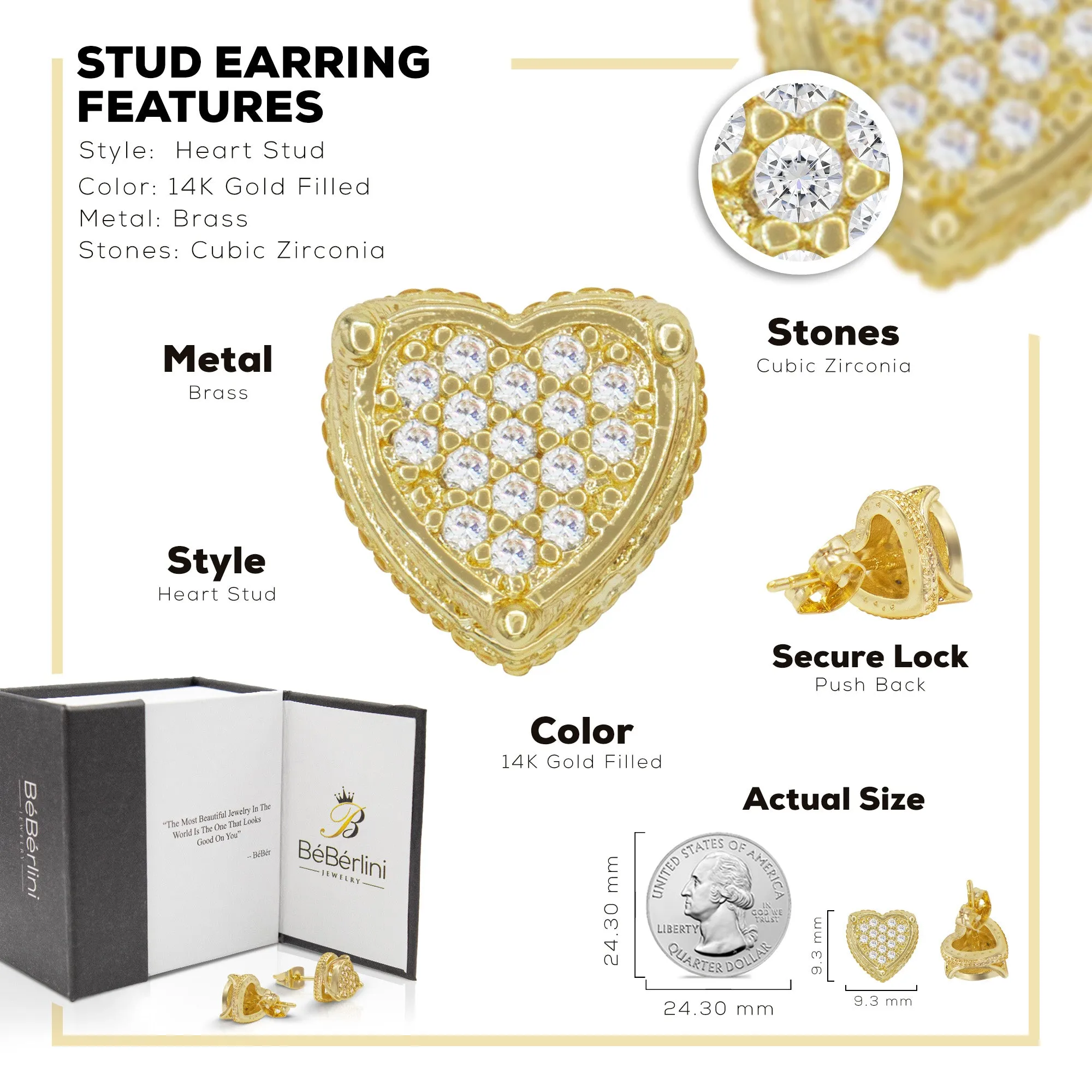 Heart 1 Cubic Zirconia Earrings 14K Gold Filled Silver Hip Hop Studs Jewelry Women