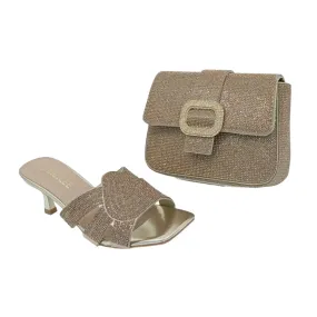 Meilee Rhinestone Low Heel Sandals and Buckle Handbag Set