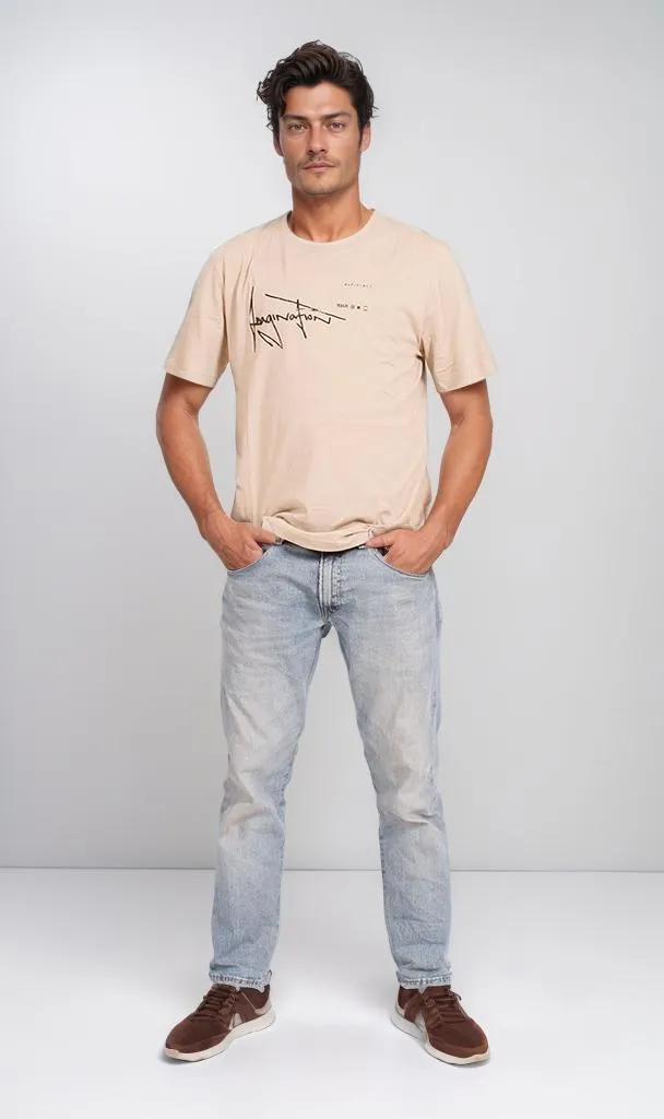 O203203 - Magic of Ones Typography T-Shirt  Beige