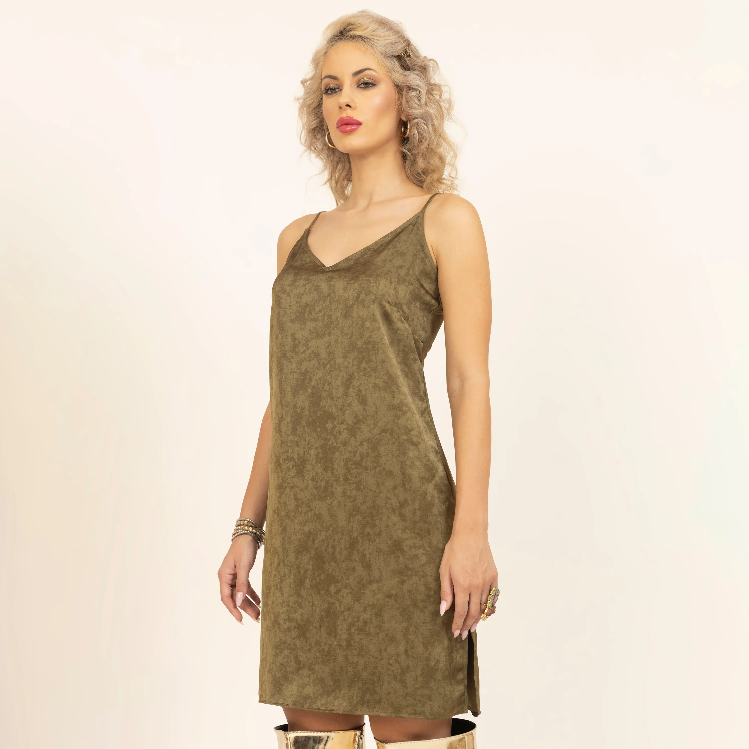 Olive Satin Spaghetti Dress