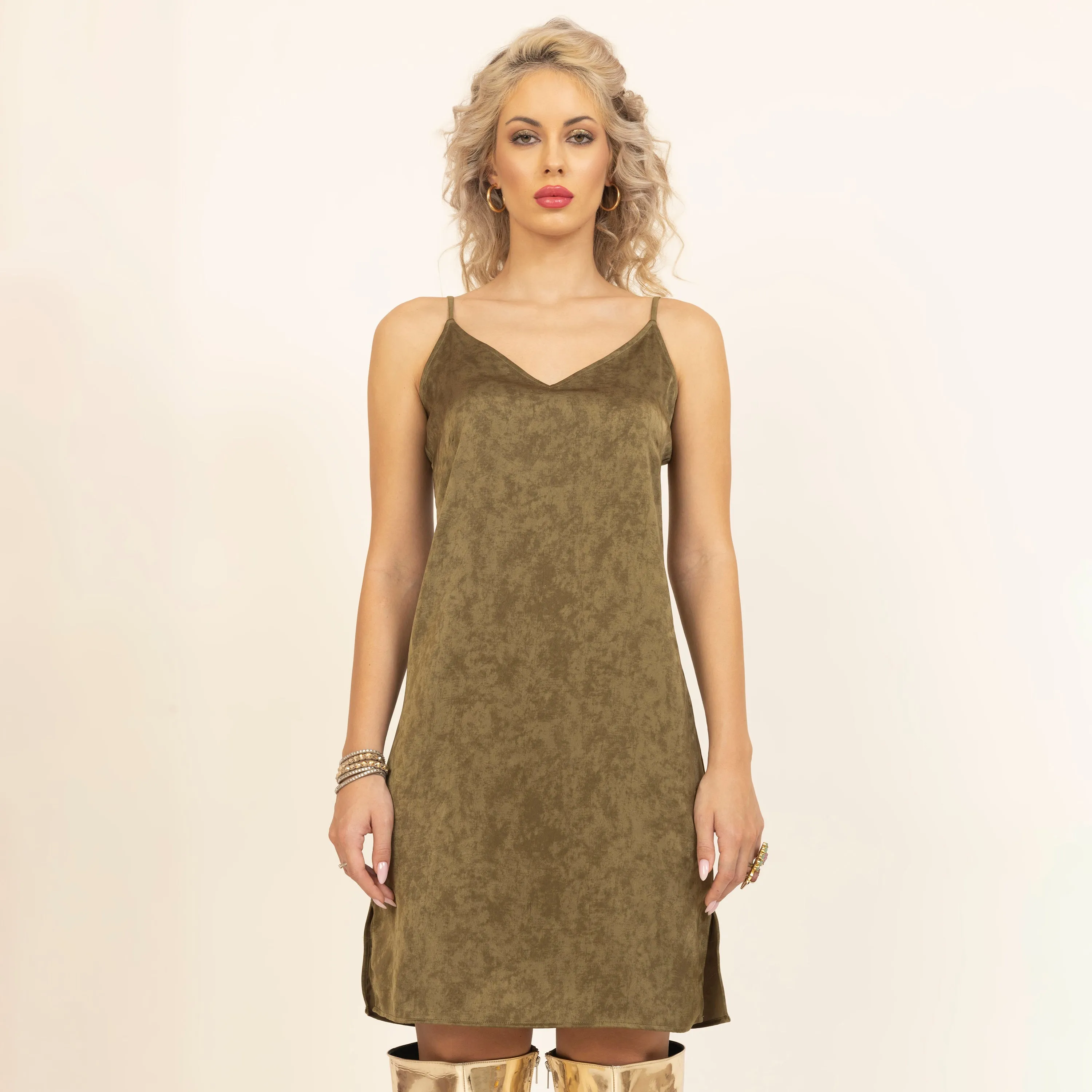 Olive Satin Spaghetti Dress