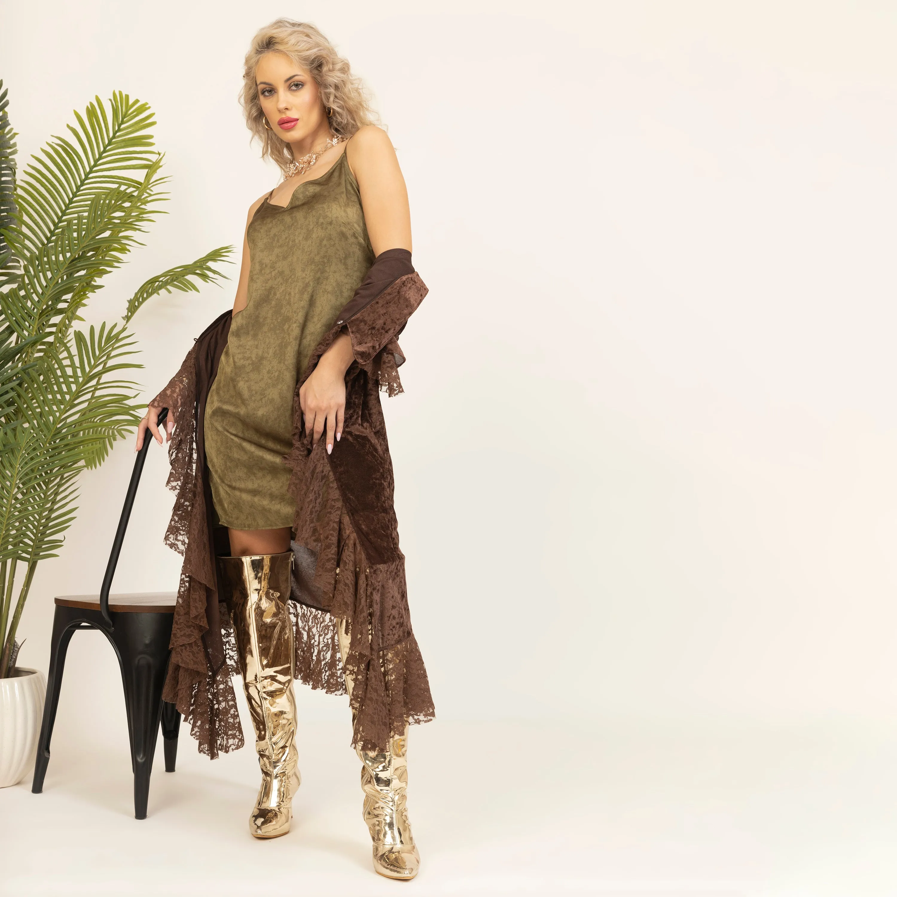 Olive Satin Spaghetti Dress