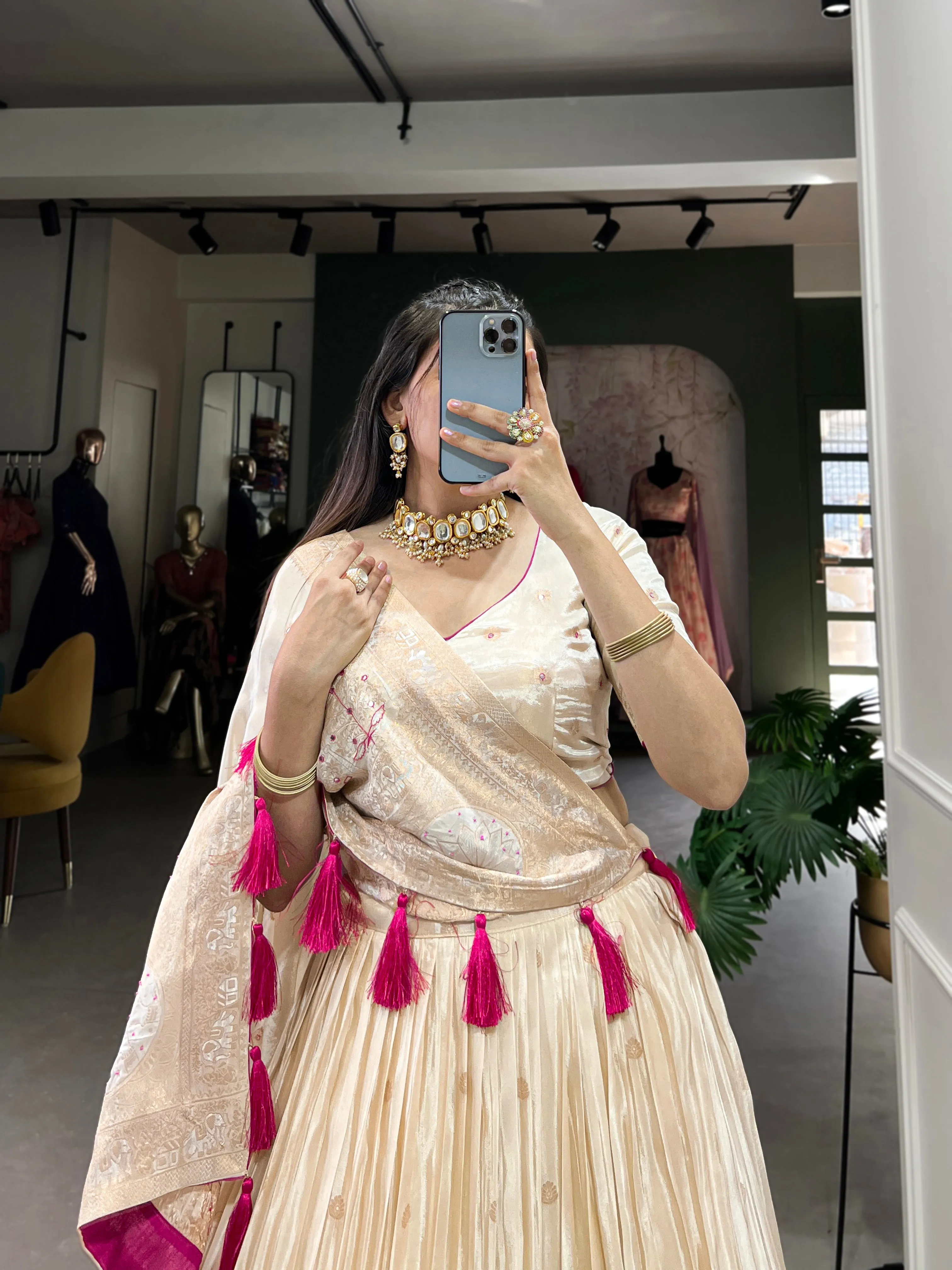Pink Pure Shimmer With Weaving Work Lehenga Choli