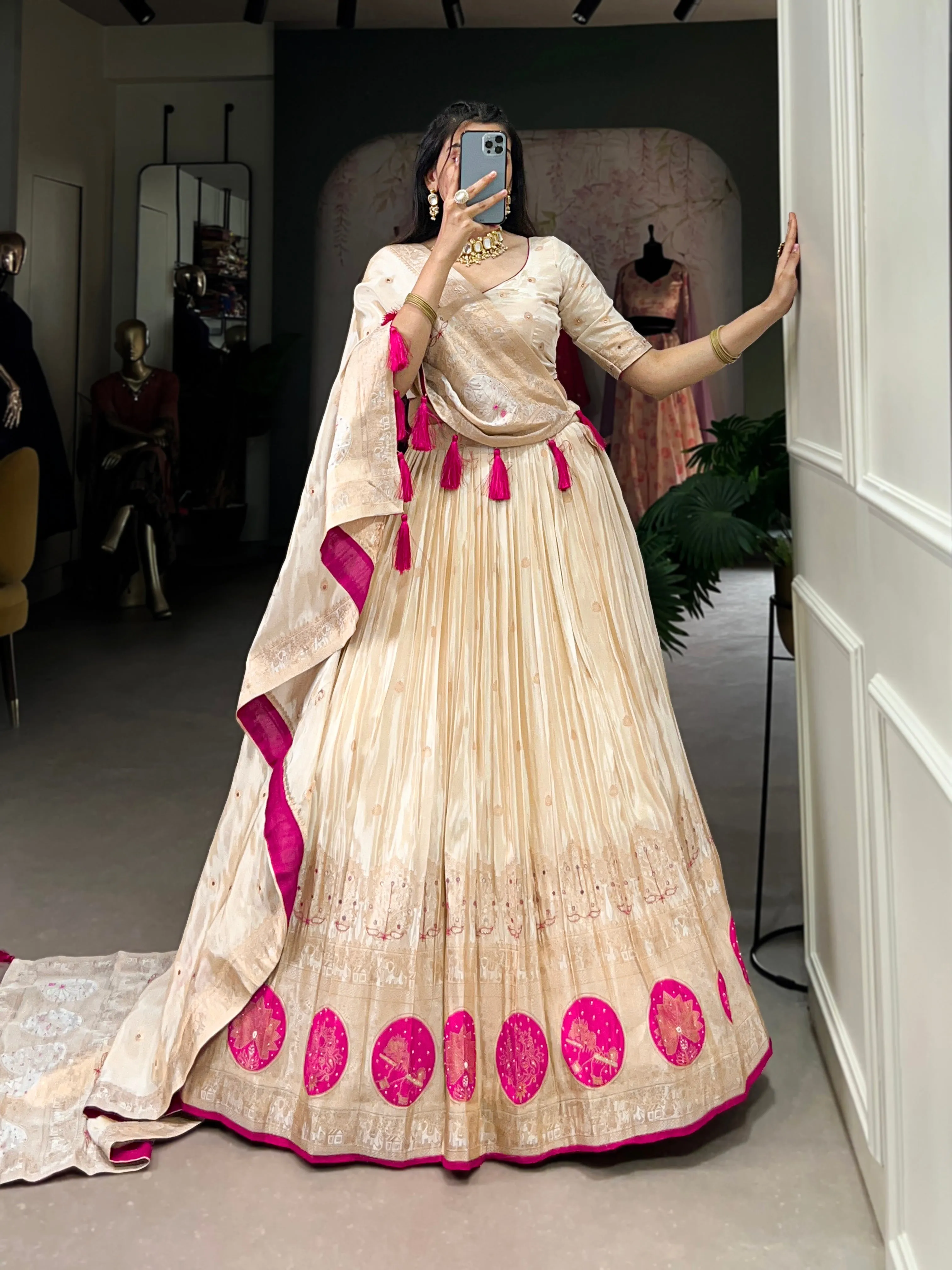 Pink Pure Shimmer With Weaving Work Lehenga Choli
