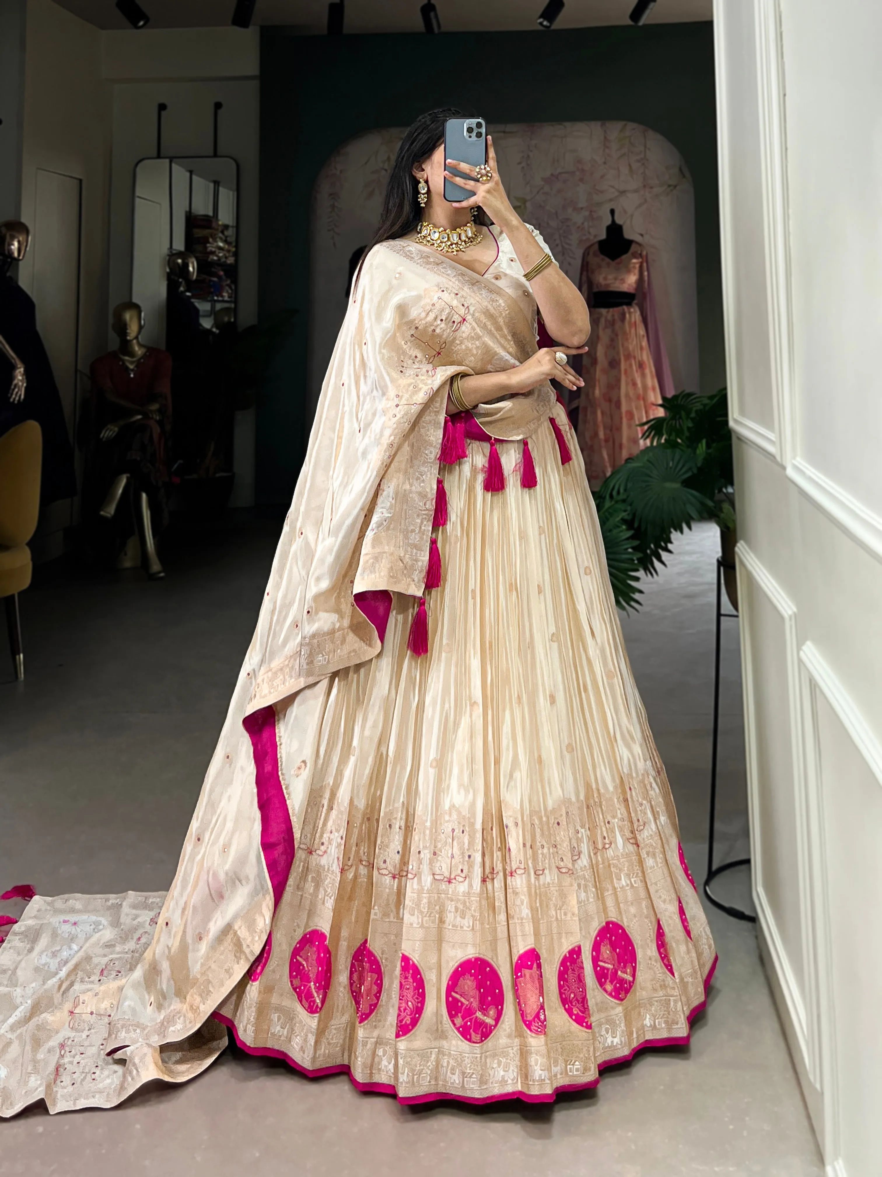 Pink Pure Shimmer With Weaving Work Lehenga Choli