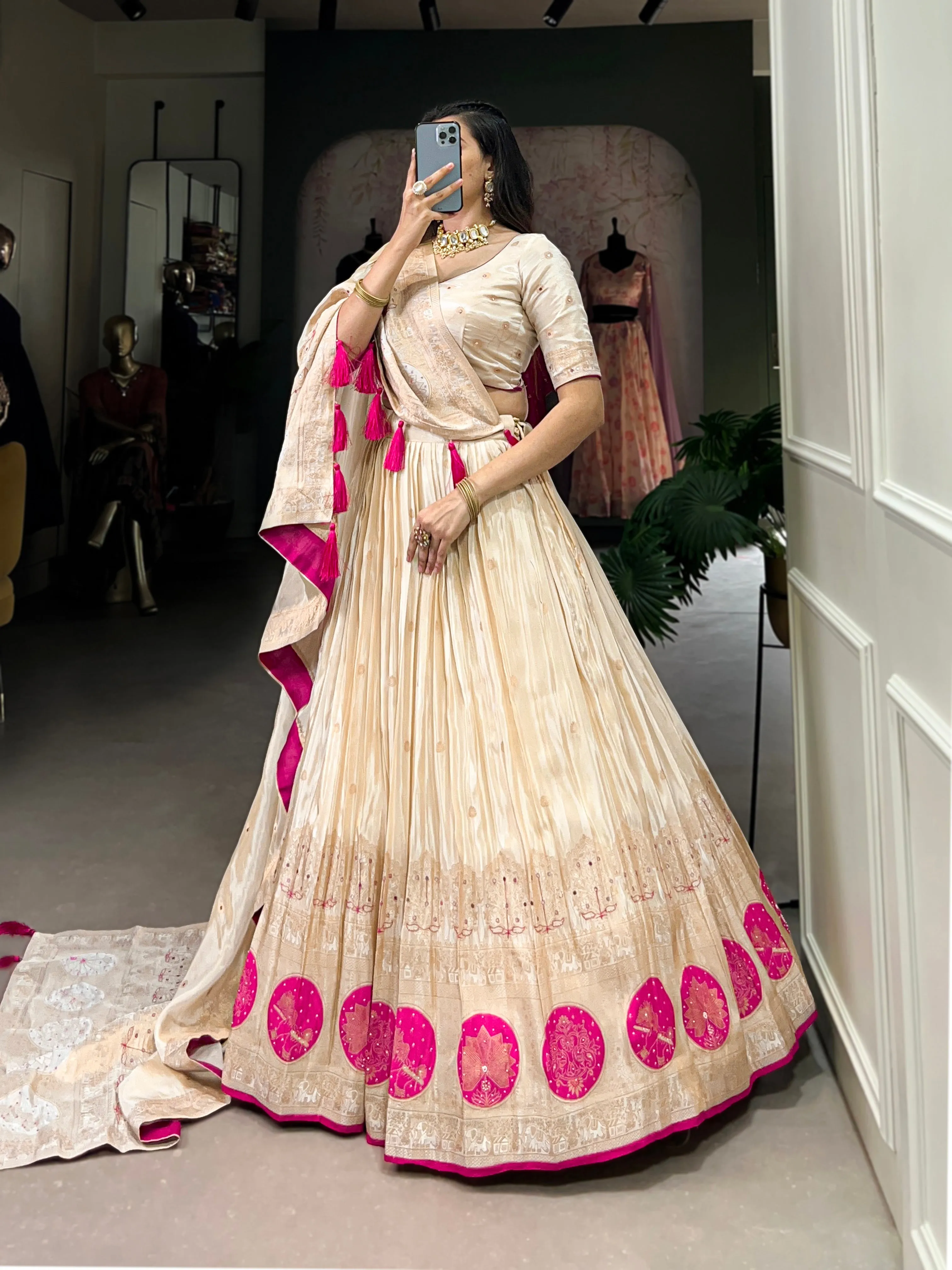 Pink Pure Shimmer With Weaving Work Lehenga Choli