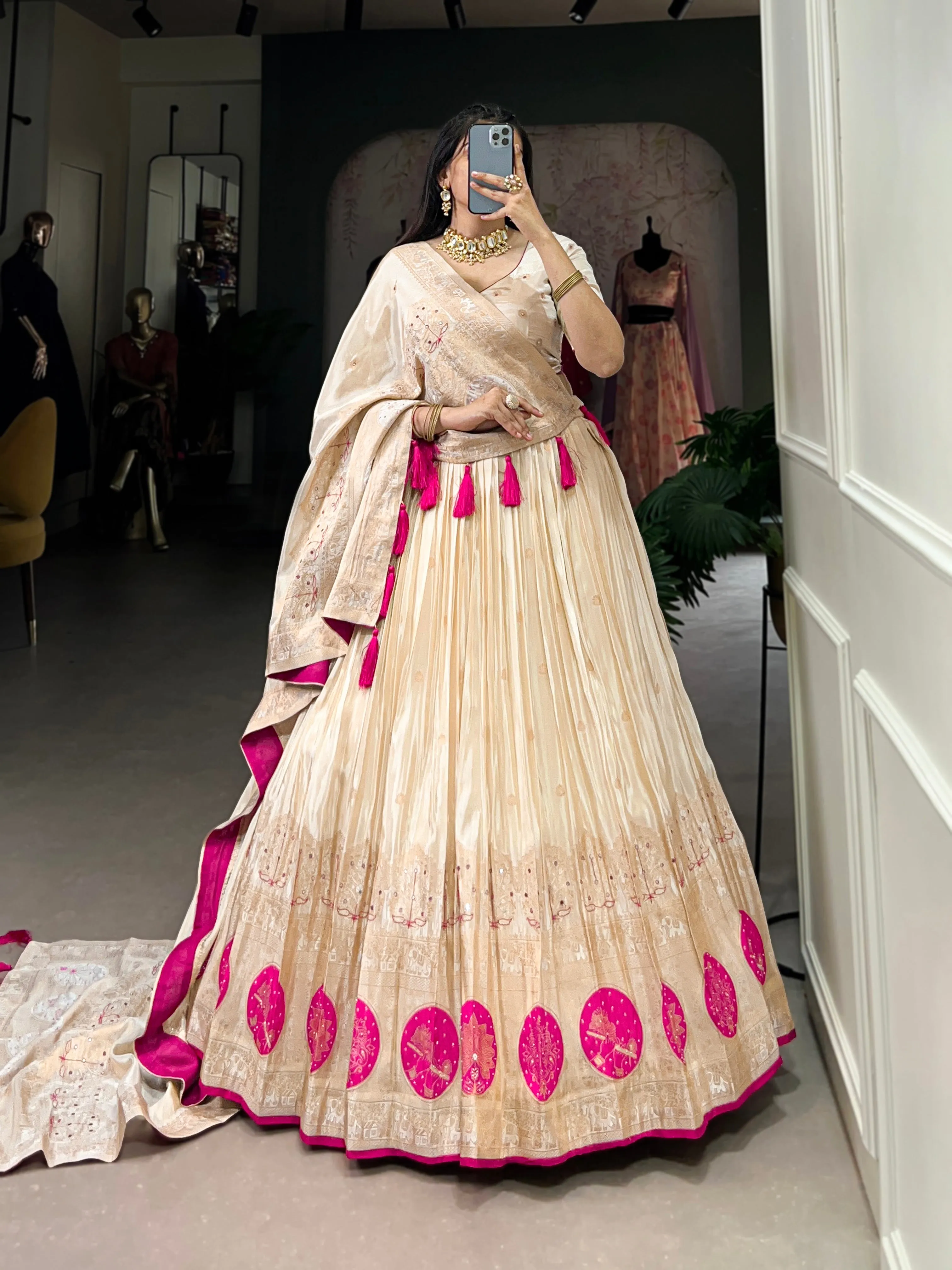 Pink Pure Shimmer With Weaving Work Lehenga Choli