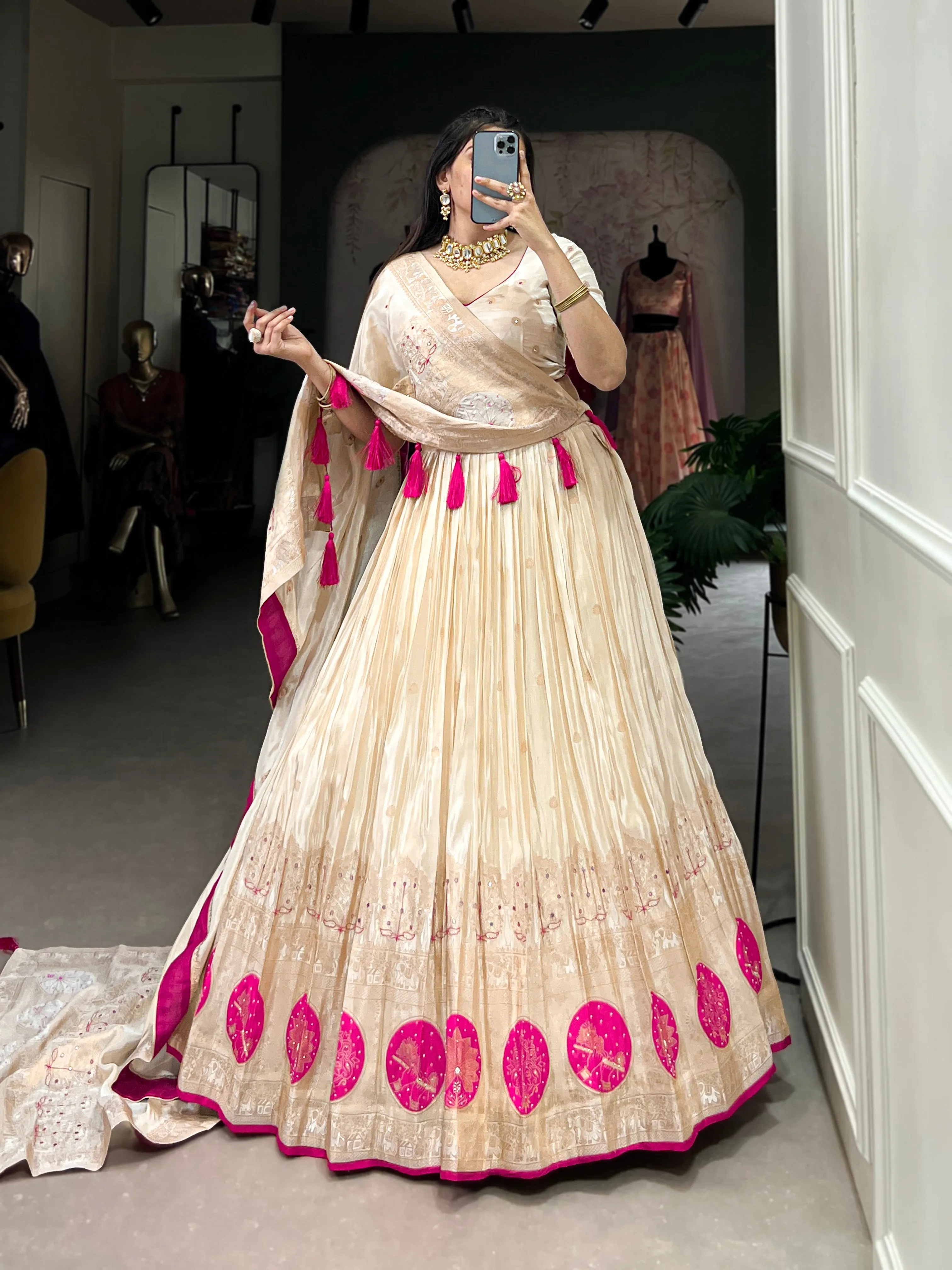 Pink Pure Shimmer With Weaving Work Lehenga Choli