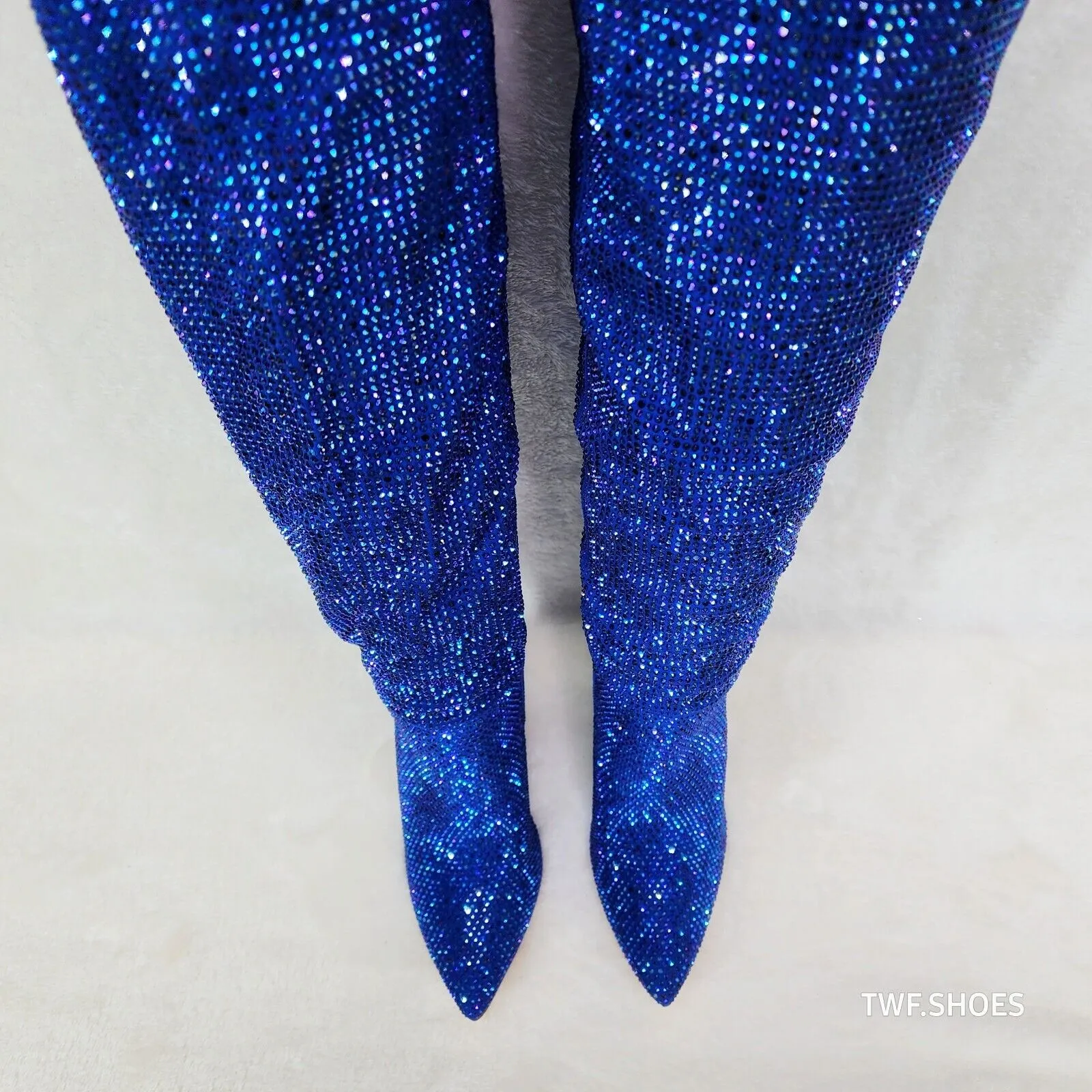 Vegas Blue Rhinestone Over the Knee Thigh boots 4.25" Heels Party Boots