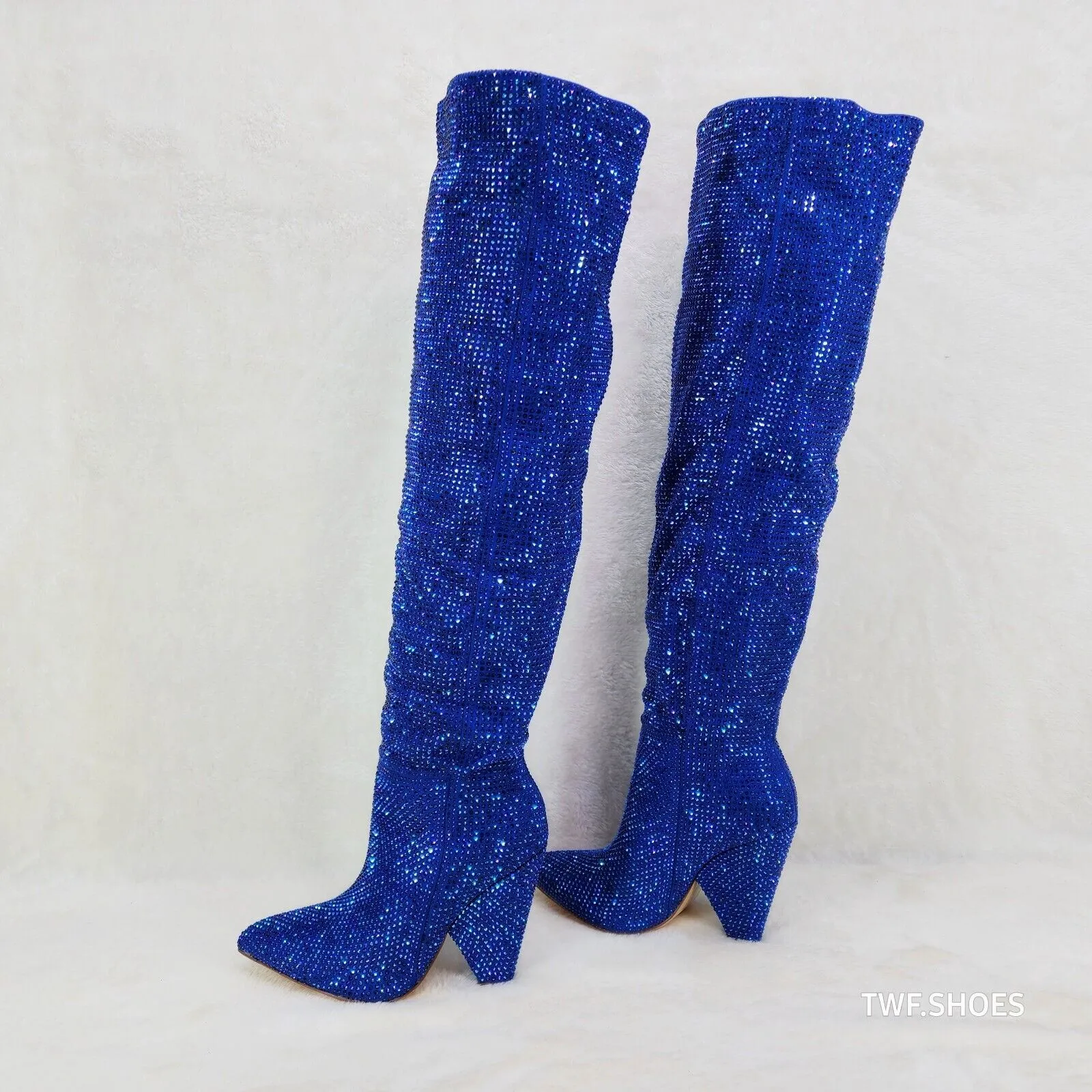 Vegas Blue Rhinestone Over the Knee Thigh boots 4.25" Heels Party Boots