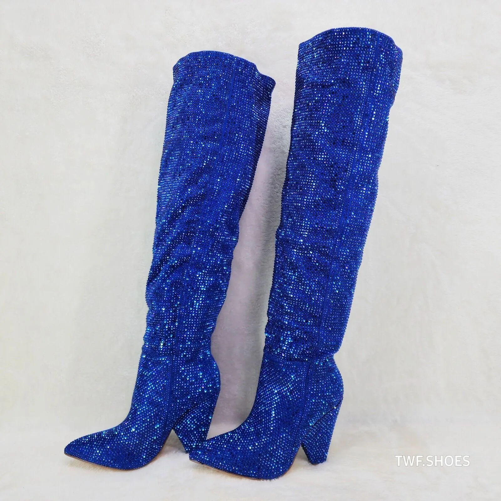 Vegas Blue Rhinestone Over the Knee Thigh boots 4.25" Heels Party Boots