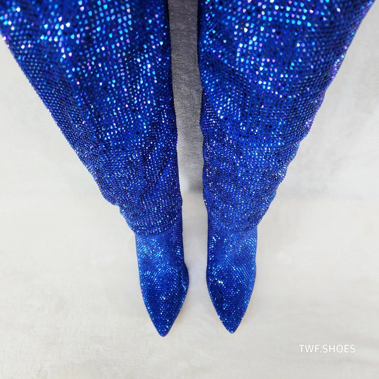 Vegas Blue Rhinestone Over the Knee Thigh boots 4.25" Heels Party Boots