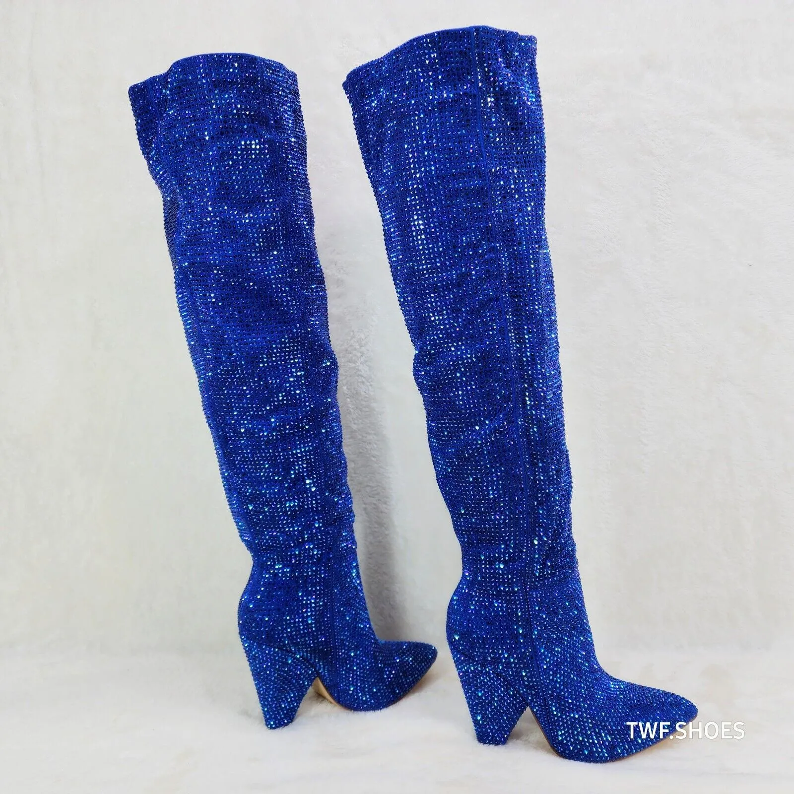 Vegas Blue Rhinestone Over the Knee Thigh boots 4.25" Heels Party Boots