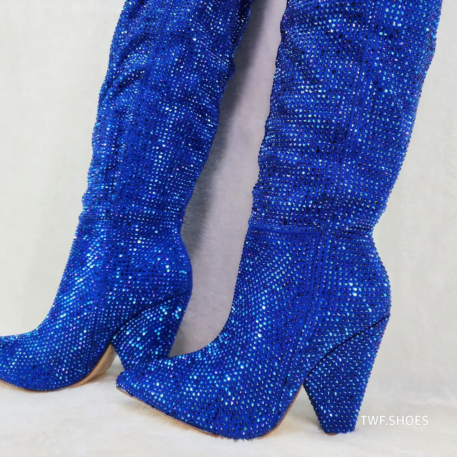 Vegas Blue Rhinestone Over the Knee Thigh boots 4.25" Heels Party Boots