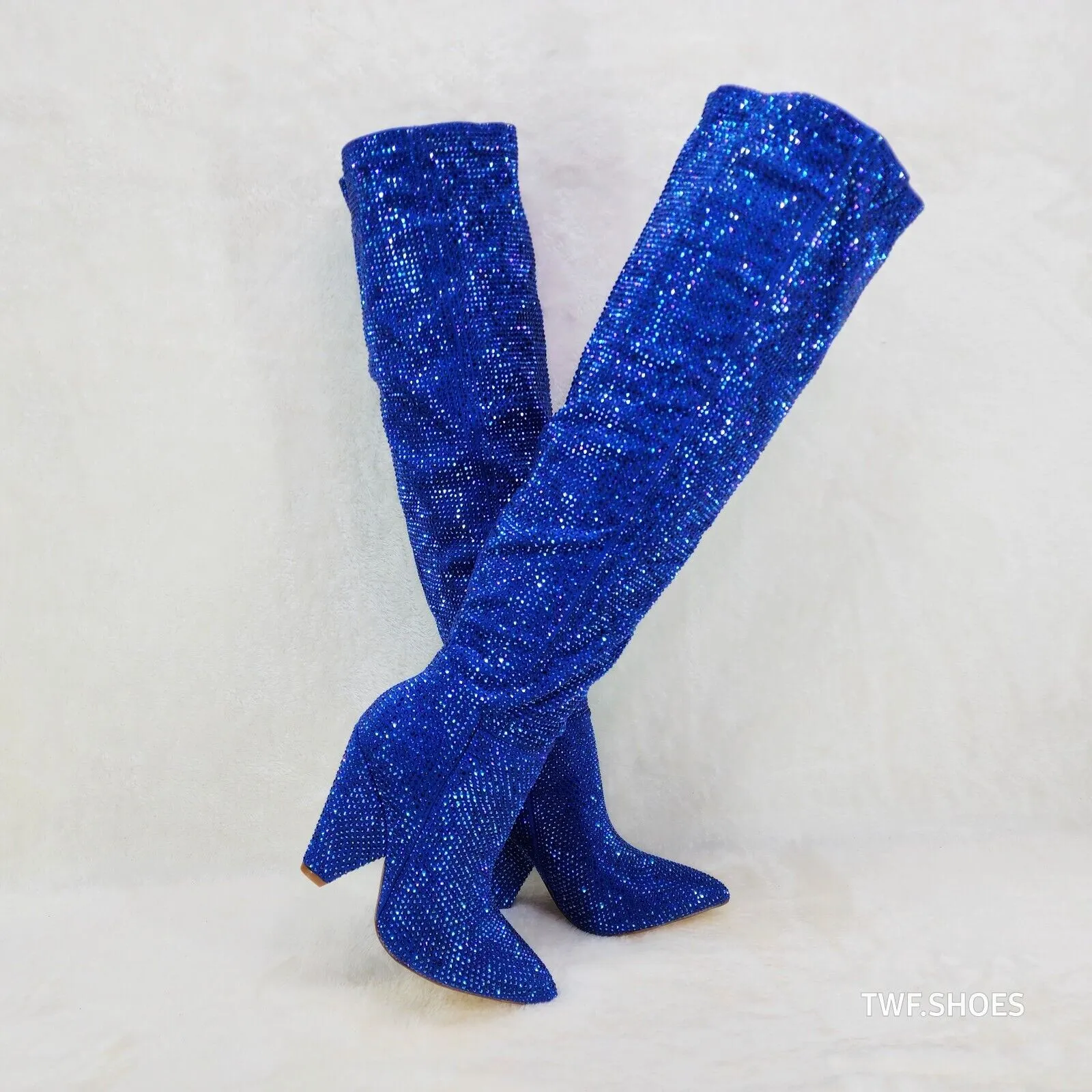 Vegas Blue Rhinestone Over the Knee Thigh boots 4.25" Heels Party Boots
