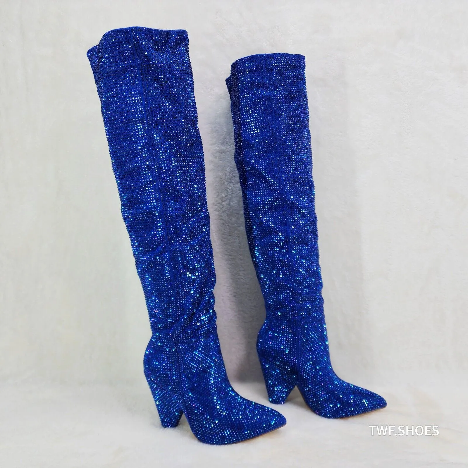 Vegas Blue Rhinestone Over the Knee Thigh boots 4.25" Heels Party Boots