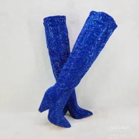 Vegas Blue Rhinestone Over the Knee Thigh boots 4.25" Heels Party Boots