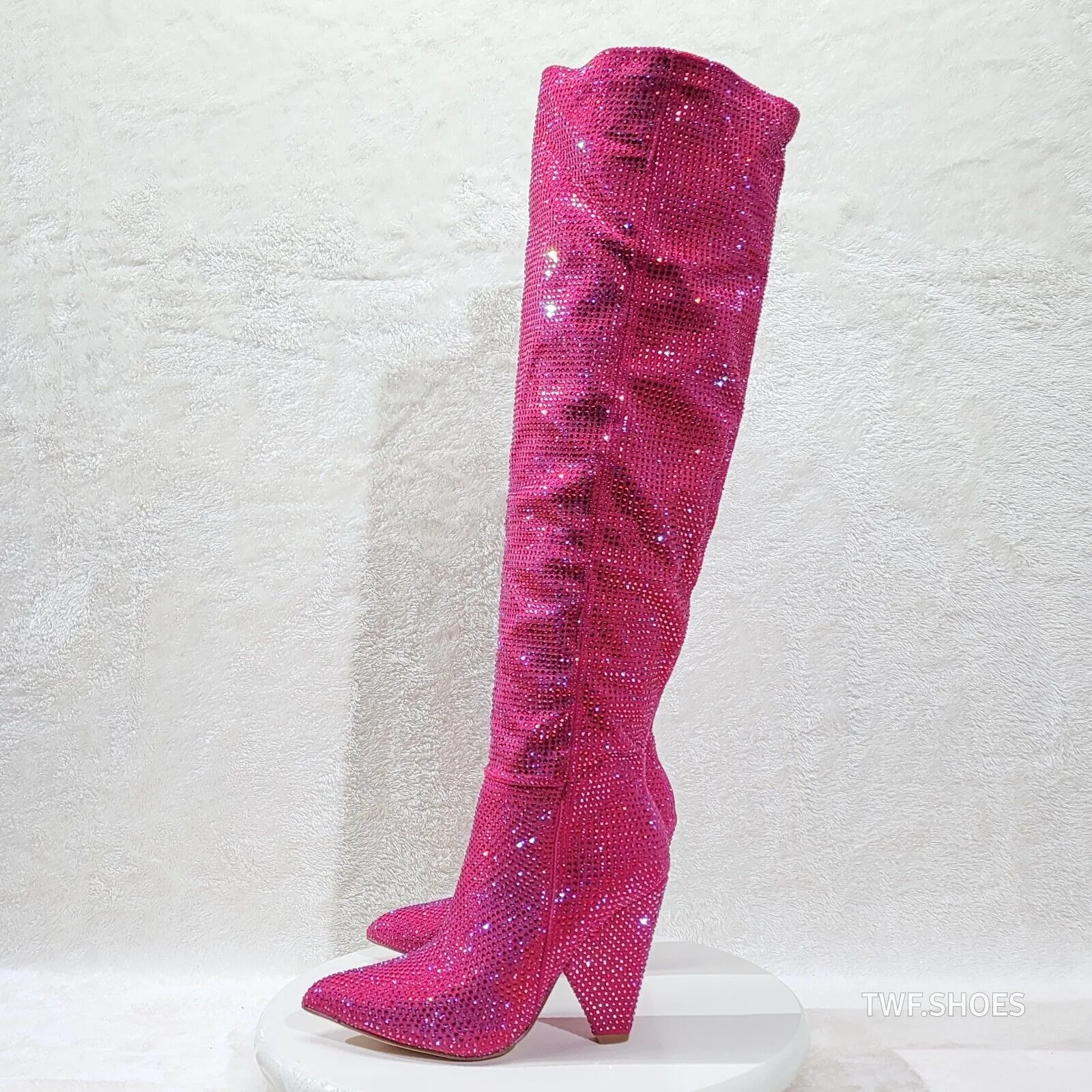 Vegas Fuchsia Pink Rhinestone Over the Knee Thigh boots 4.25" Heels Party Boots