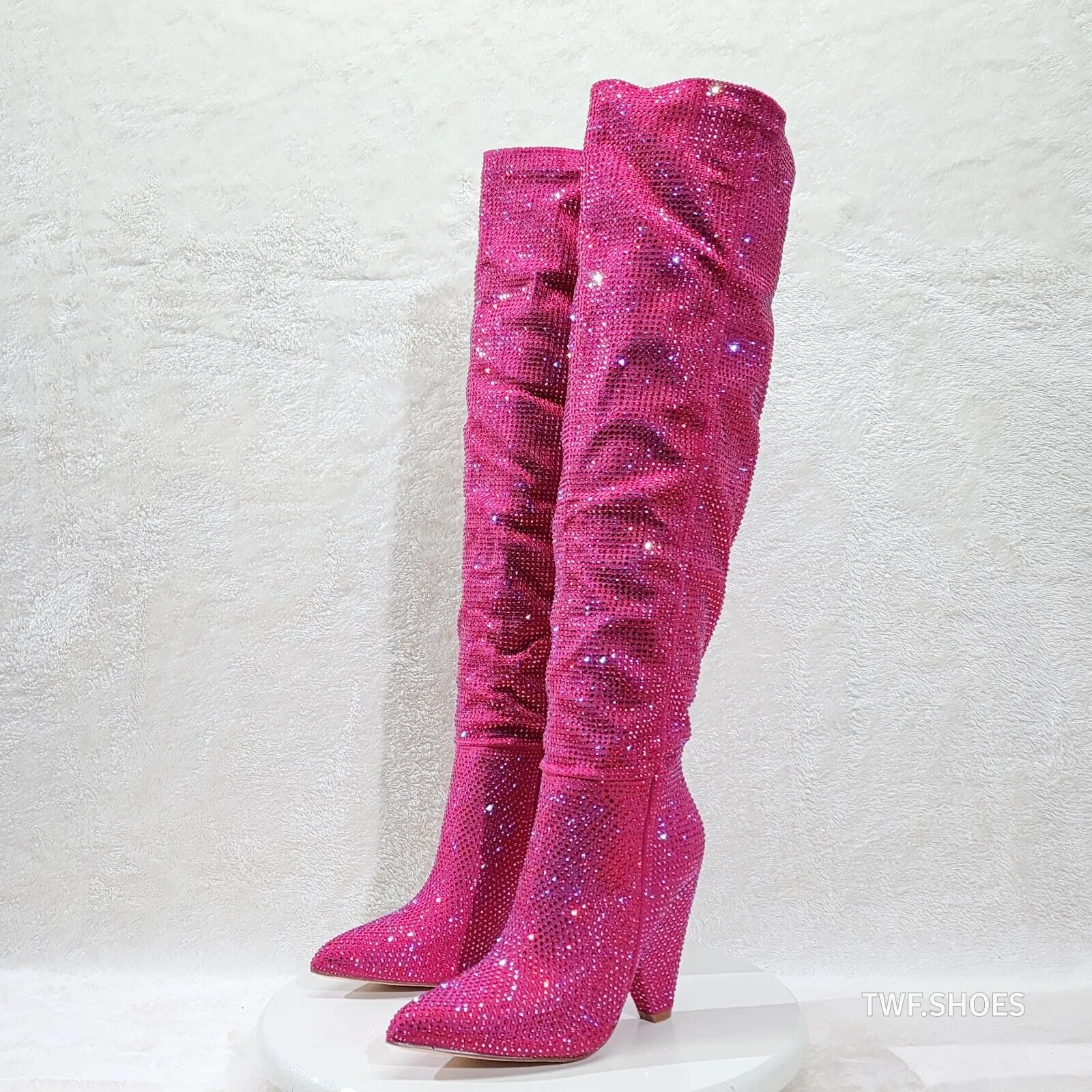 Vegas Fuchsia Pink Rhinestone Over the Knee Thigh boots 4.25" Heels Party Boots