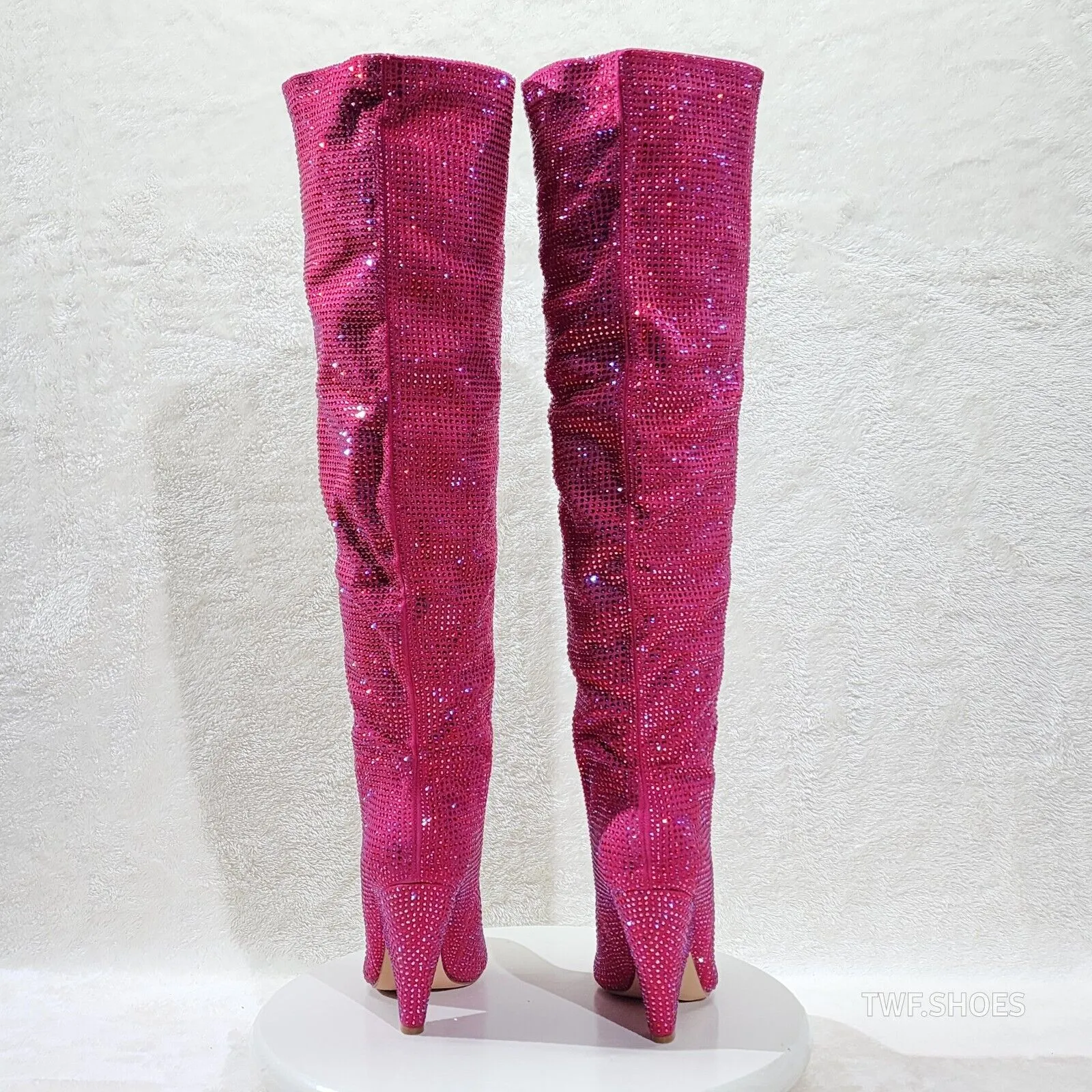 Vegas Fuchsia Pink Rhinestone Over the Knee Thigh boots 4.25" Heels Party Boots