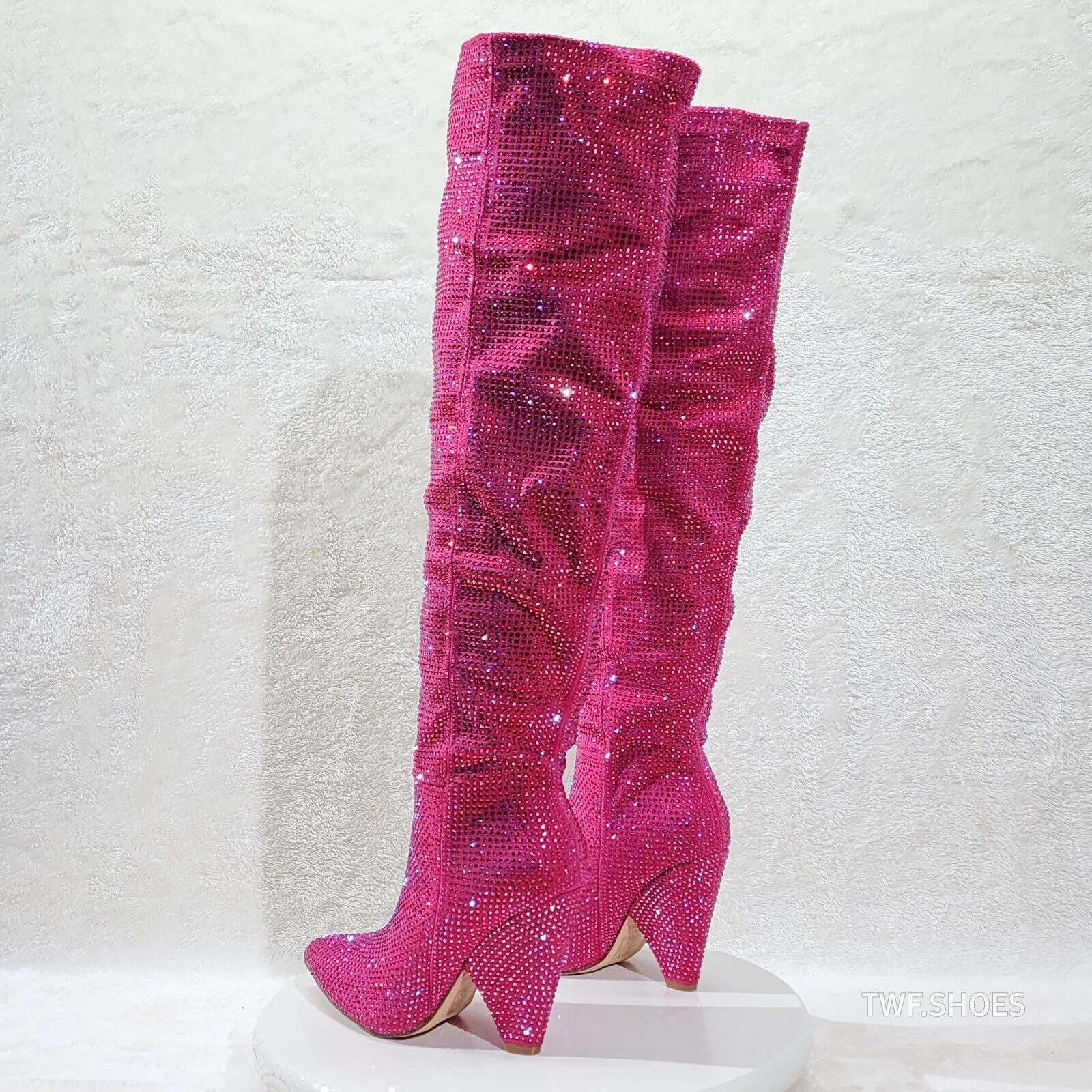 Vegas Fuchsia Pink Rhinestone Over the Knee Thigh boots 4.25" Heels Party Boots