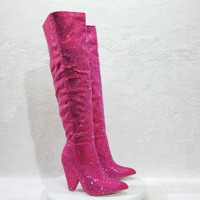 Vegas Fuchsia Pink Rhinestone Over the Knee Thigh boots 4.25" Heels Party Boots