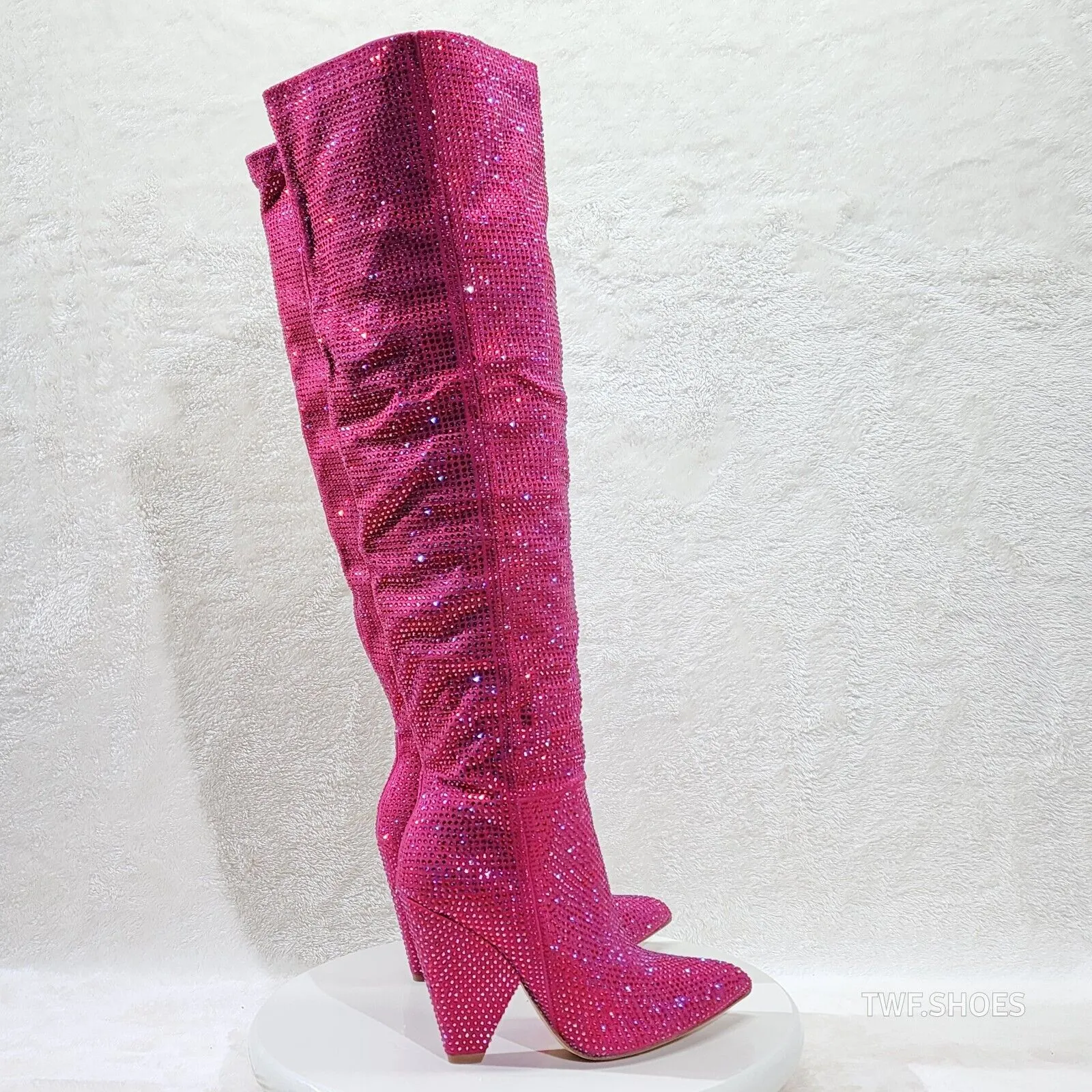 Vegas Fuchsia Pink Rhinestone Over the Knee Thigh boots 4.25" Heels Party Boots