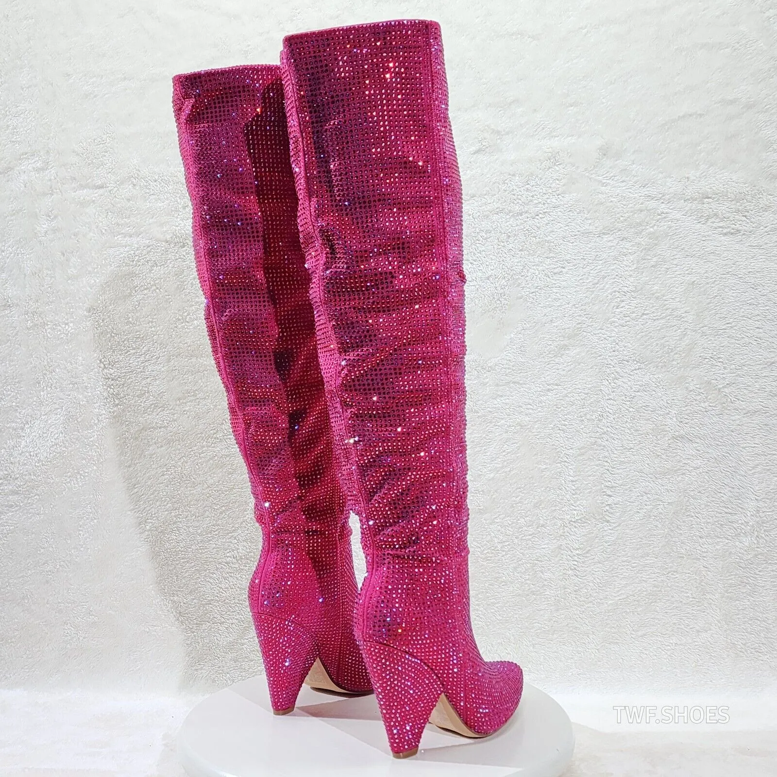 Vegas Fuchsia Pink Rhinestone Over the Knee Thigh boots 4.25" Heels Party Boots