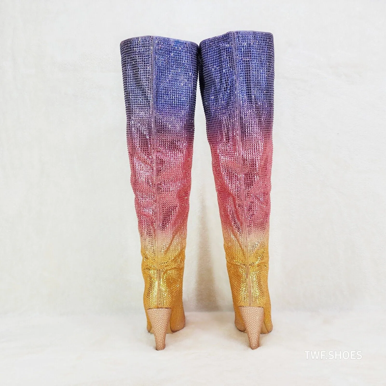 Vegas Gold Ombre Rhinestone OTK Thigh boots 4.25" Heels Party Boots Pink Purple