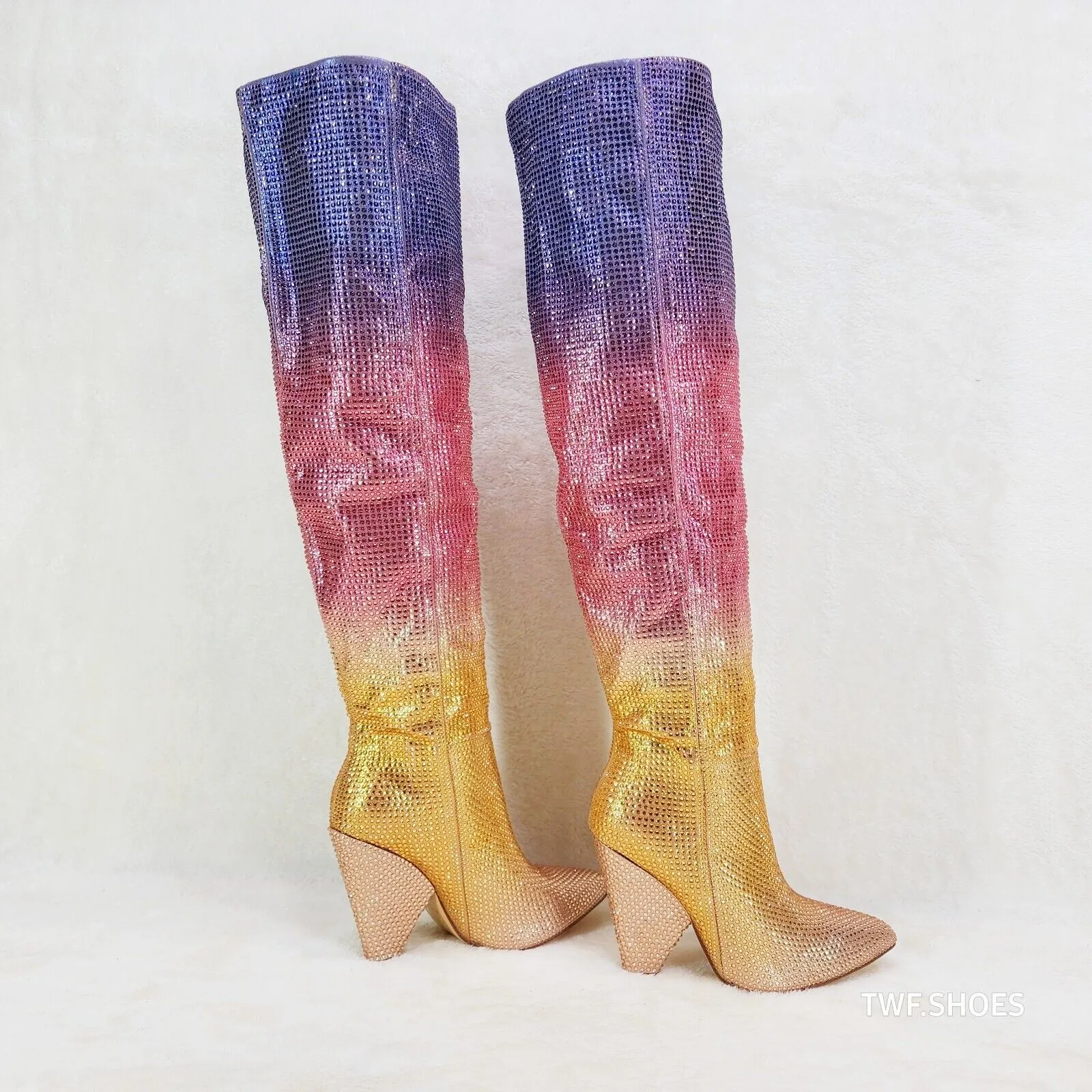Vegas Gold Ombre Rhinestone OTK Thigh boots 4.25" Heels Party Boots Pink Purple