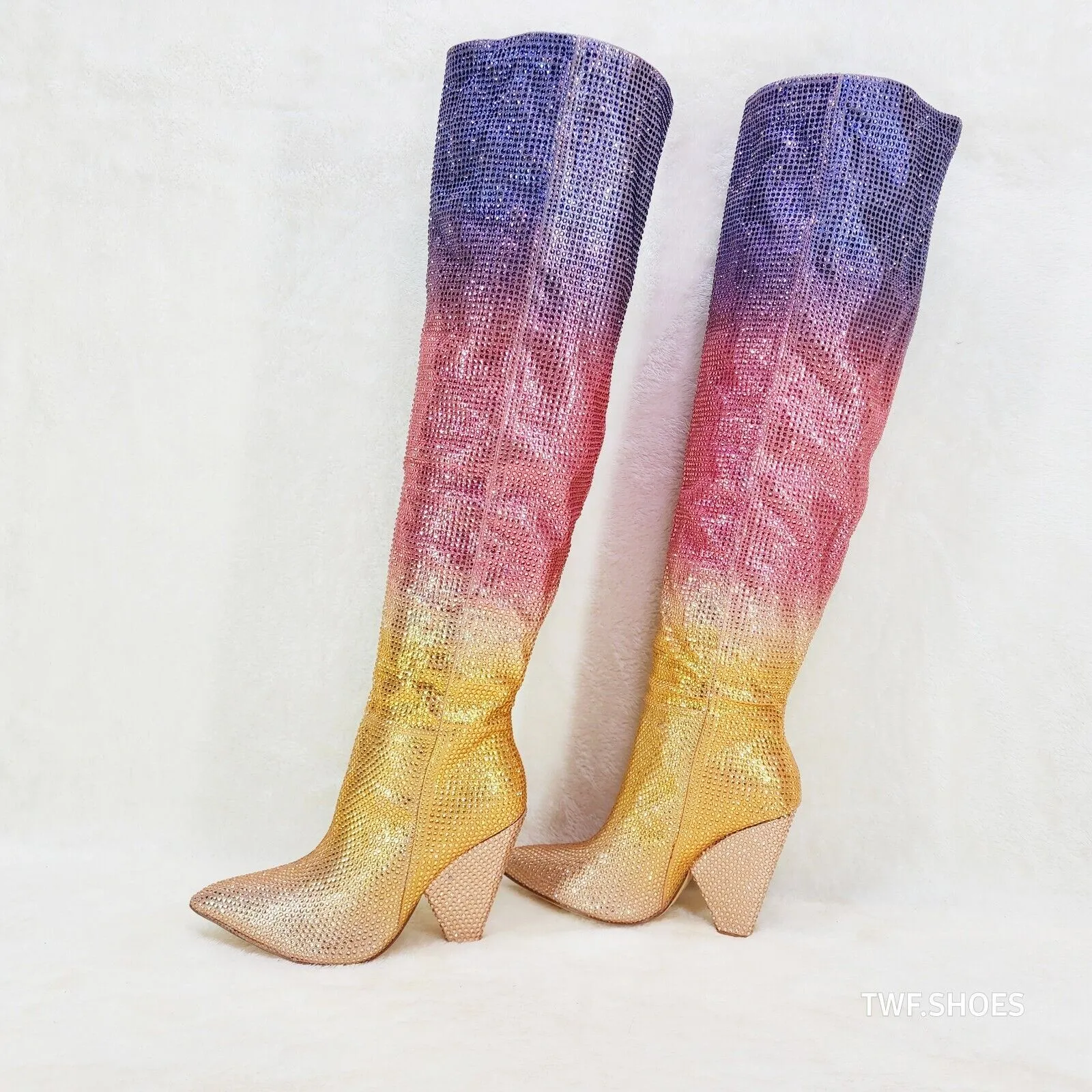 Vegas Gold Ombre Rhinestone OTK Thigh boots 4.25" Heels Party Boots Pink Purple