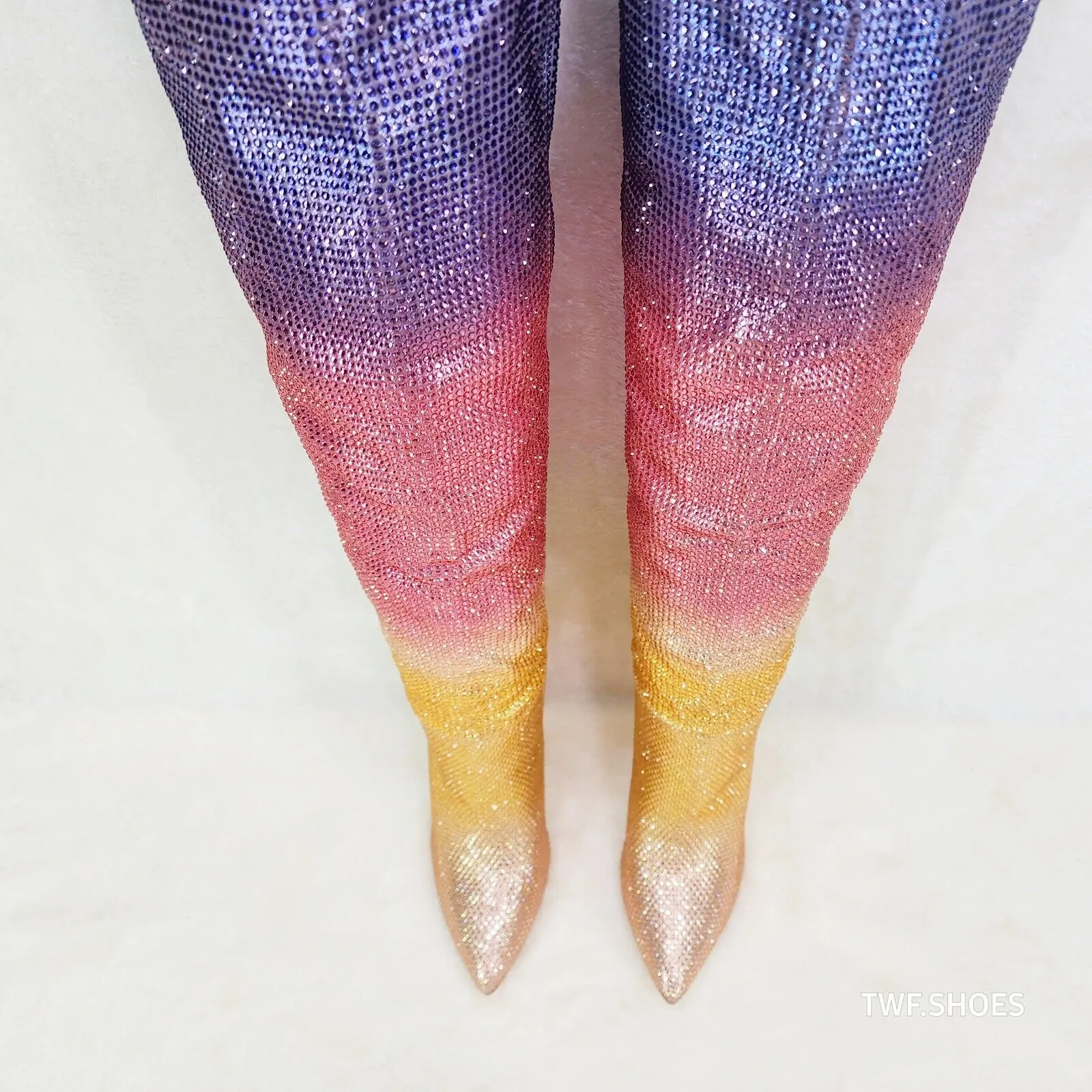 Vegas Gold Ombre Rhinestone OTK Thigh boots 4.25" Heels Party Boots Pink Purple