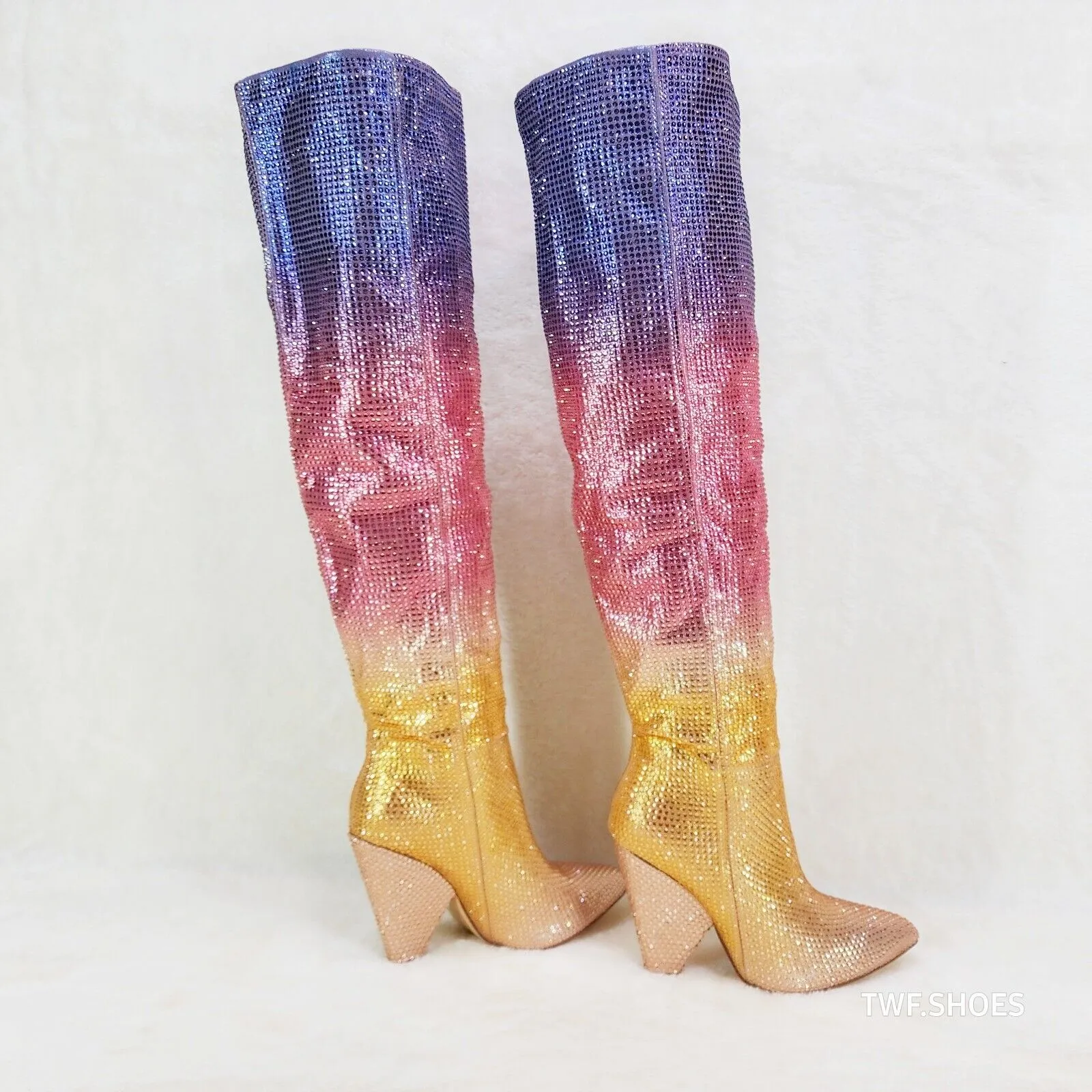 Vegas Gold Ombre Rhinestone OTK Thigh boots 4.25" Heels Party Boots Pink Purple