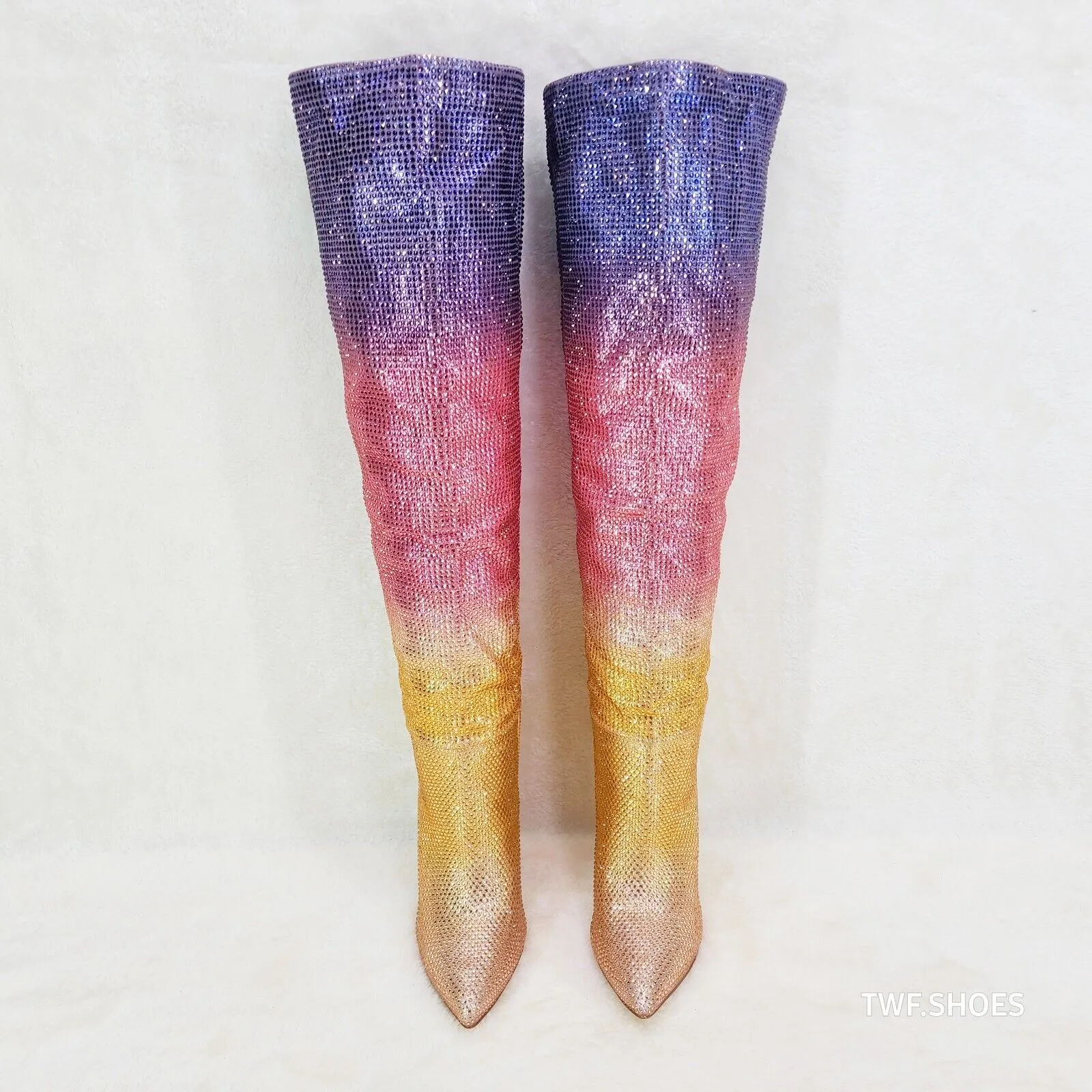 Vegas Gold Ombre Rhinestone OTK Thigh boots 4.25" Heels Party Boots Pink Purple
