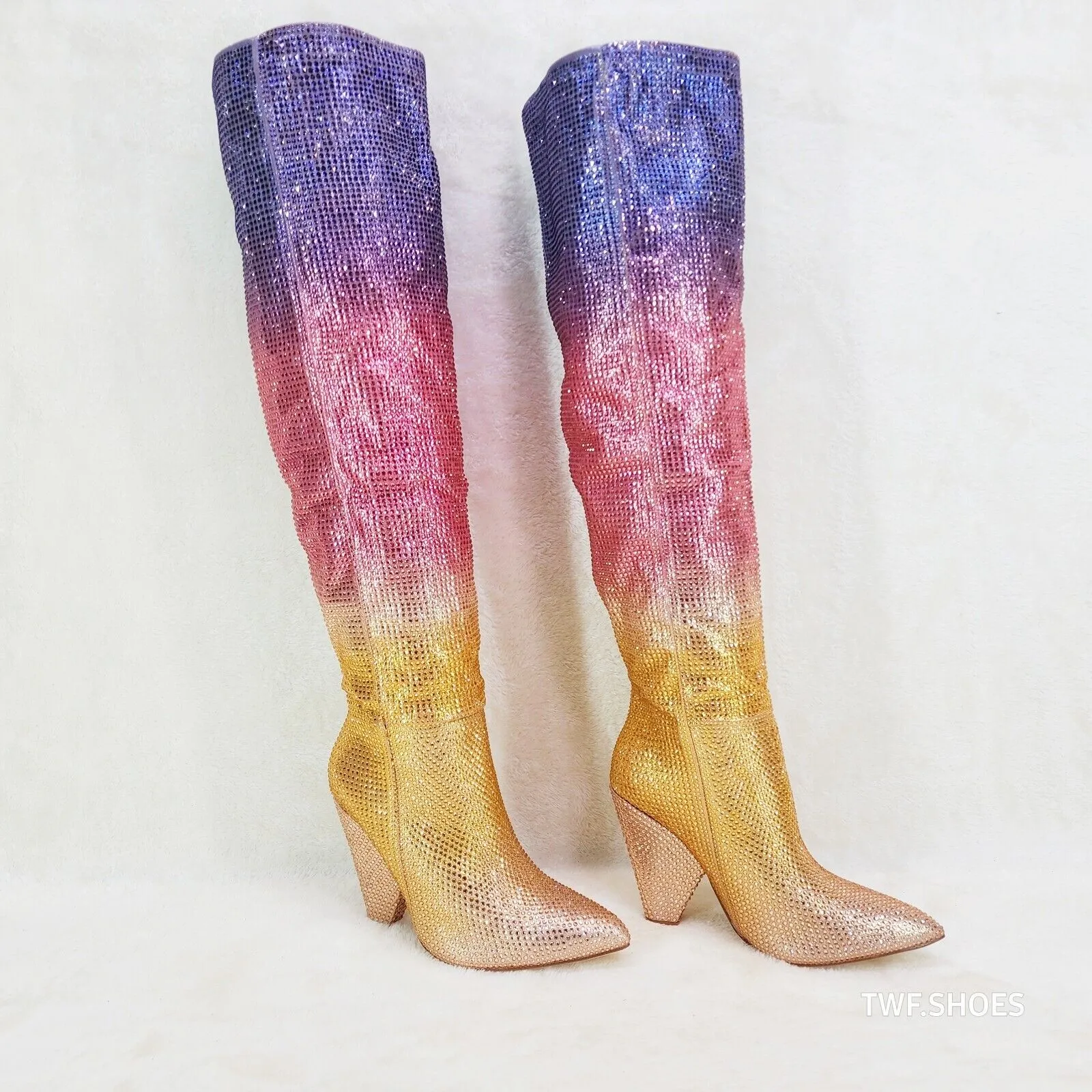 Vegas Gold Ombre Rhinestone OTK Thigh boots 4.25" Heels Party Boots Pink Purple
