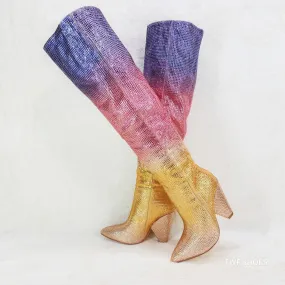 Vegas Gold Ombre Rhinestone OTK Thigh boots 4.25" Heels Party Boots Pink Purple
