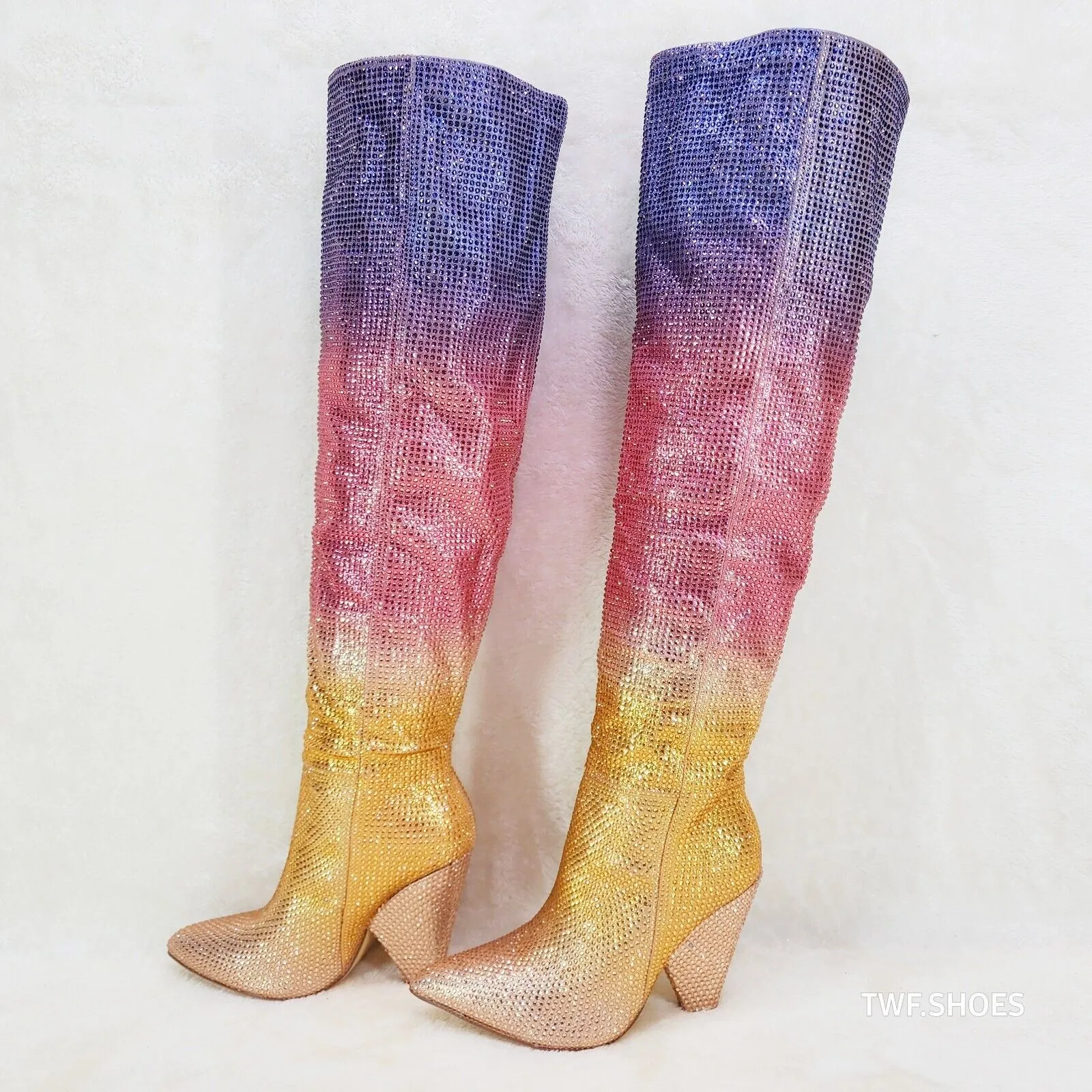 Vegas Gold Ombre Rhinestone OTK Thigh boots 4.25" Heels Party Boots Pink Purple
